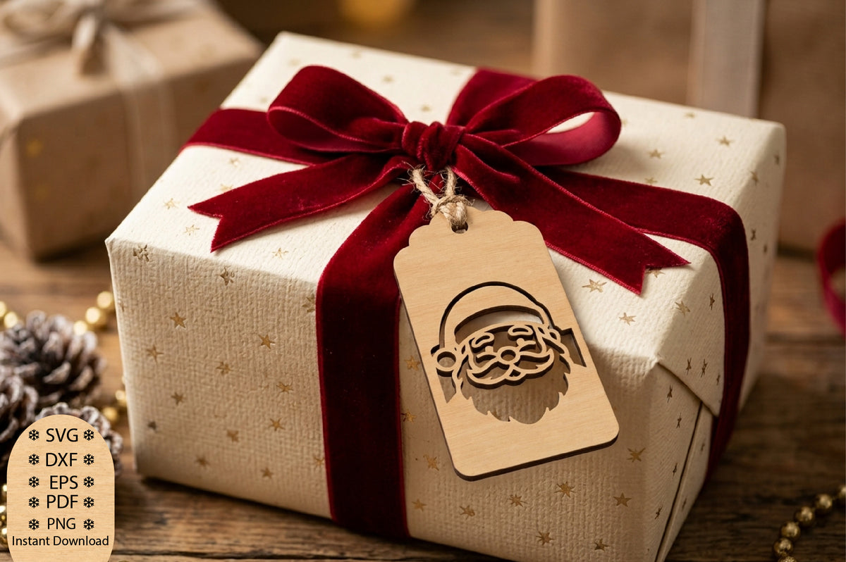 Santa Face Christmas Gift Tag Laser Cut SVG, Santa Gift Tag Cut File, Christmas Gift Tag SVG, Holiday Packaging Design