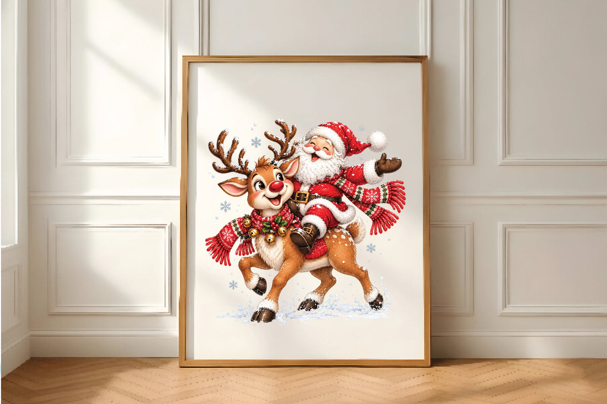 Santa Riding Reindeer Christmas PNG