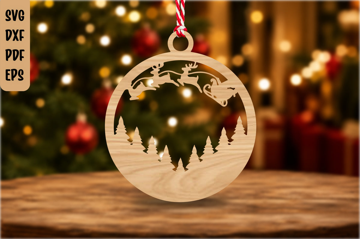 Santa Sleigh Christmas Ornament Laser Cut SVG DXF