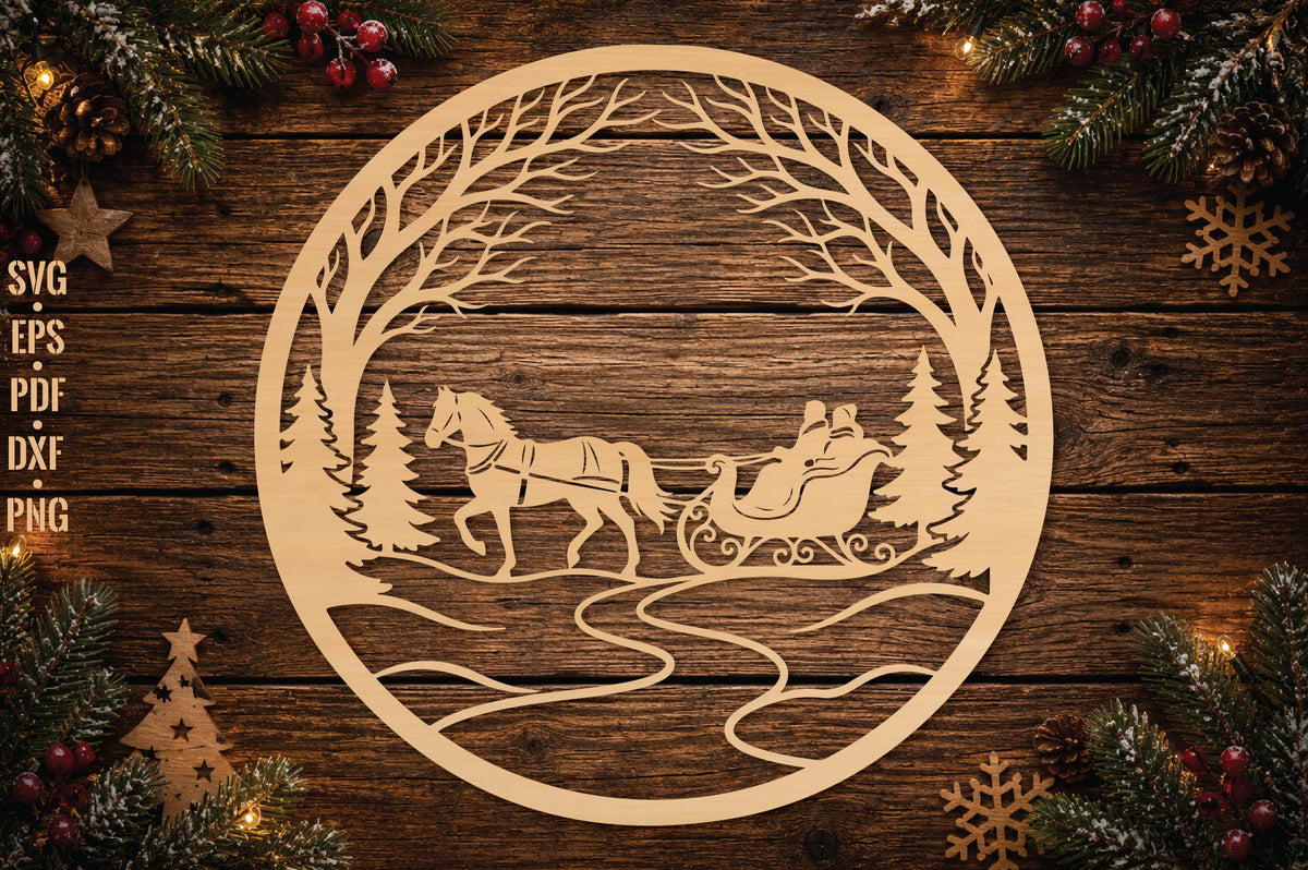 Santa Sleigh Christmas Ornament Laser Cut SVG, Santa Reindeer Sleigh Cut File, Christmas Tree Ornament