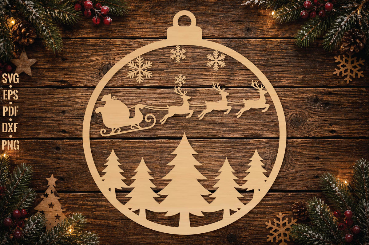 Santa Sleigh Christmas Ornament Laser Cut SVG, Santa Claus Sleigh Ornament Cut File, Reindeer