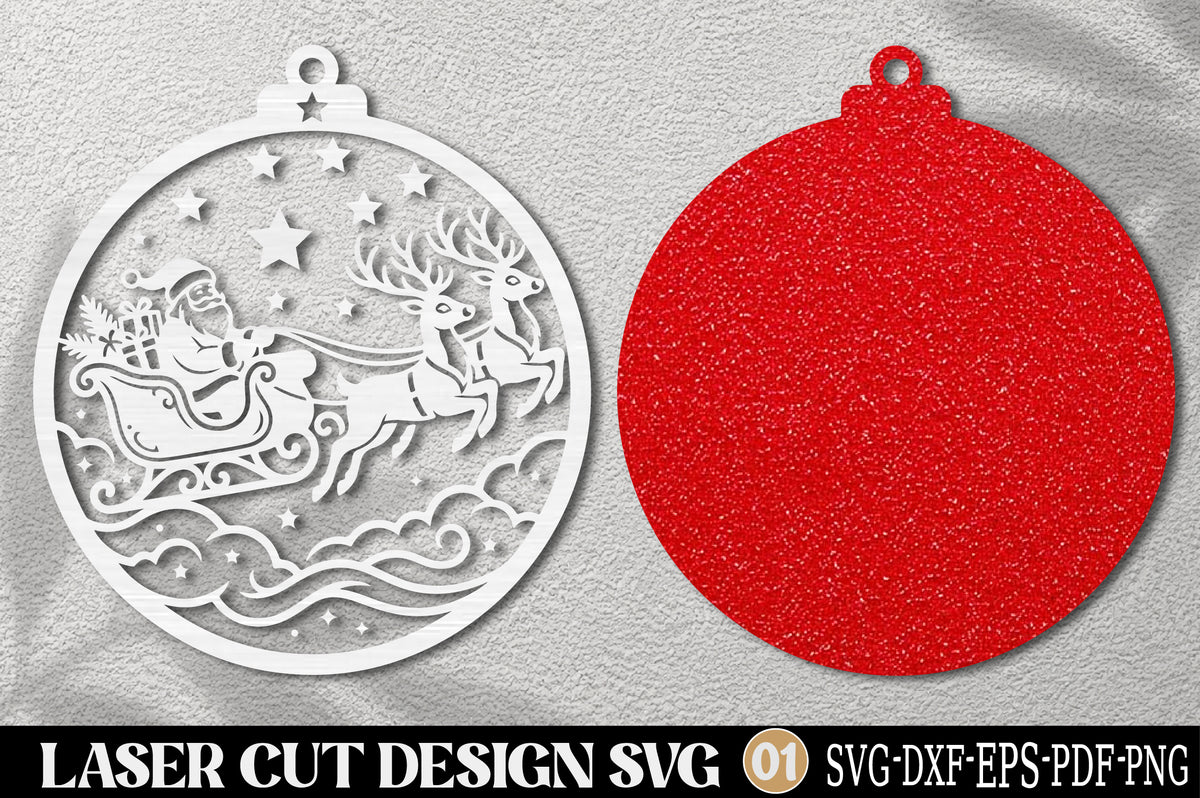 Santa Sleigh Reindeer Christmas Ornament SVG | Laser Cut Christmas Design