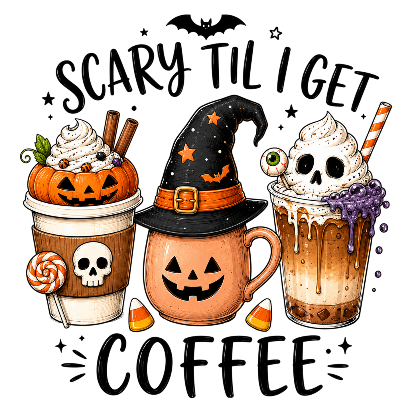 Scary Til I Get Coffee PNG | Halloween Coffee Pumpkin Witch Skull Cup Sublimation Clipart | Funny Spooky Coffee Design