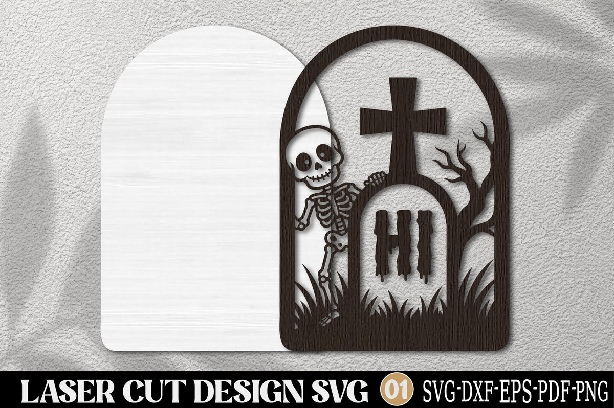 Skeleton Graveyard Halloween Laser Cut SVG | Gothic Tombstone Skeleton Halloween Ornament
