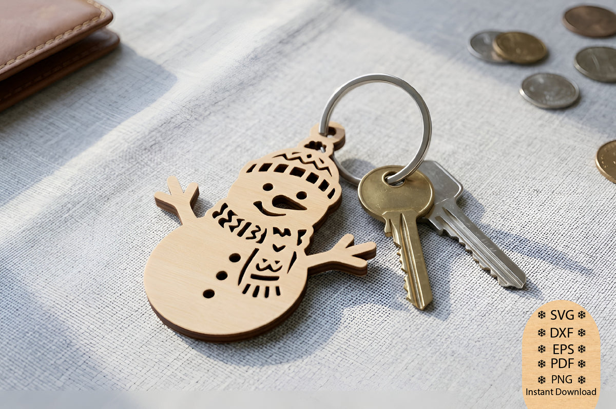 Snowman Christmas Keychain Laser Cut SVG, Snowman Keychain Cut File, Christmas Snowman SVG, Winter Holiday Keychain Design