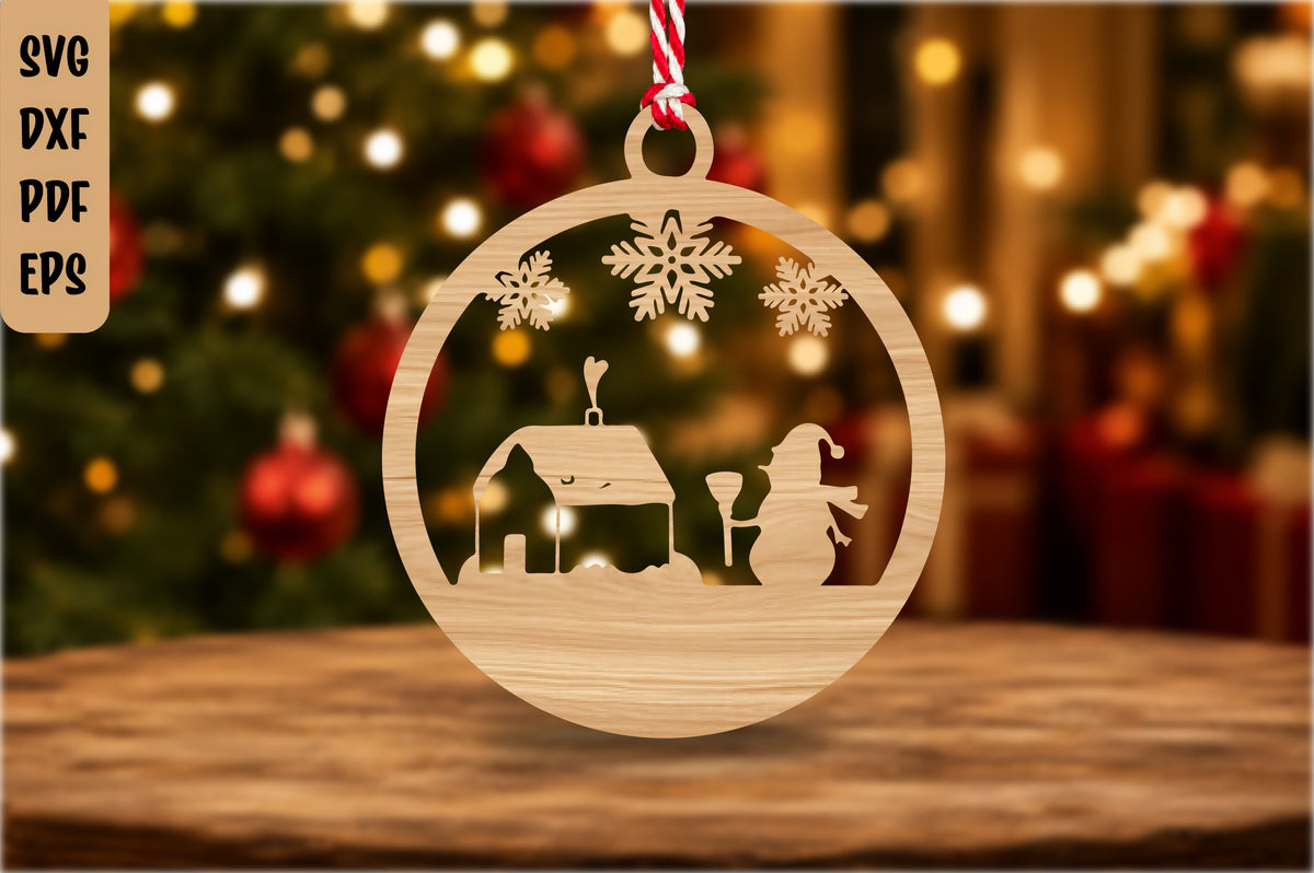 Snowman Winter Cabin Christmas Ornament SVG