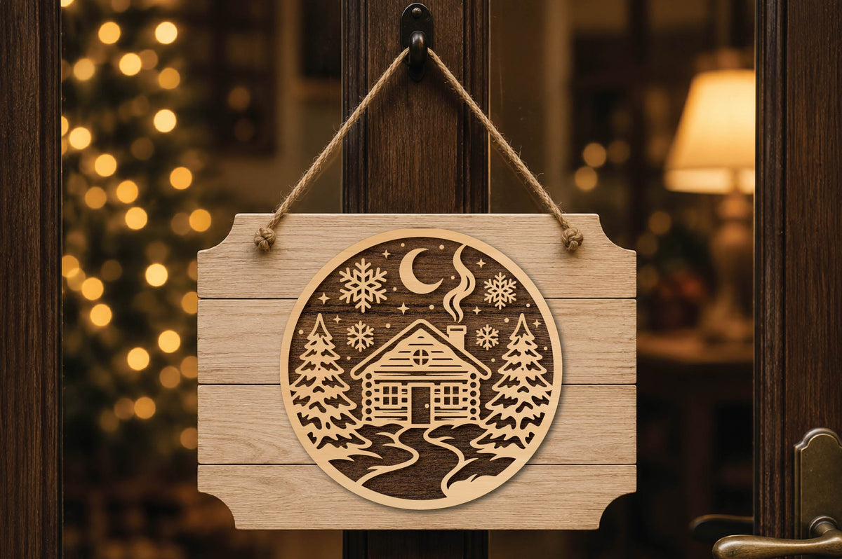Snowy Cabin Christmas Ornament Laser Cut SVG