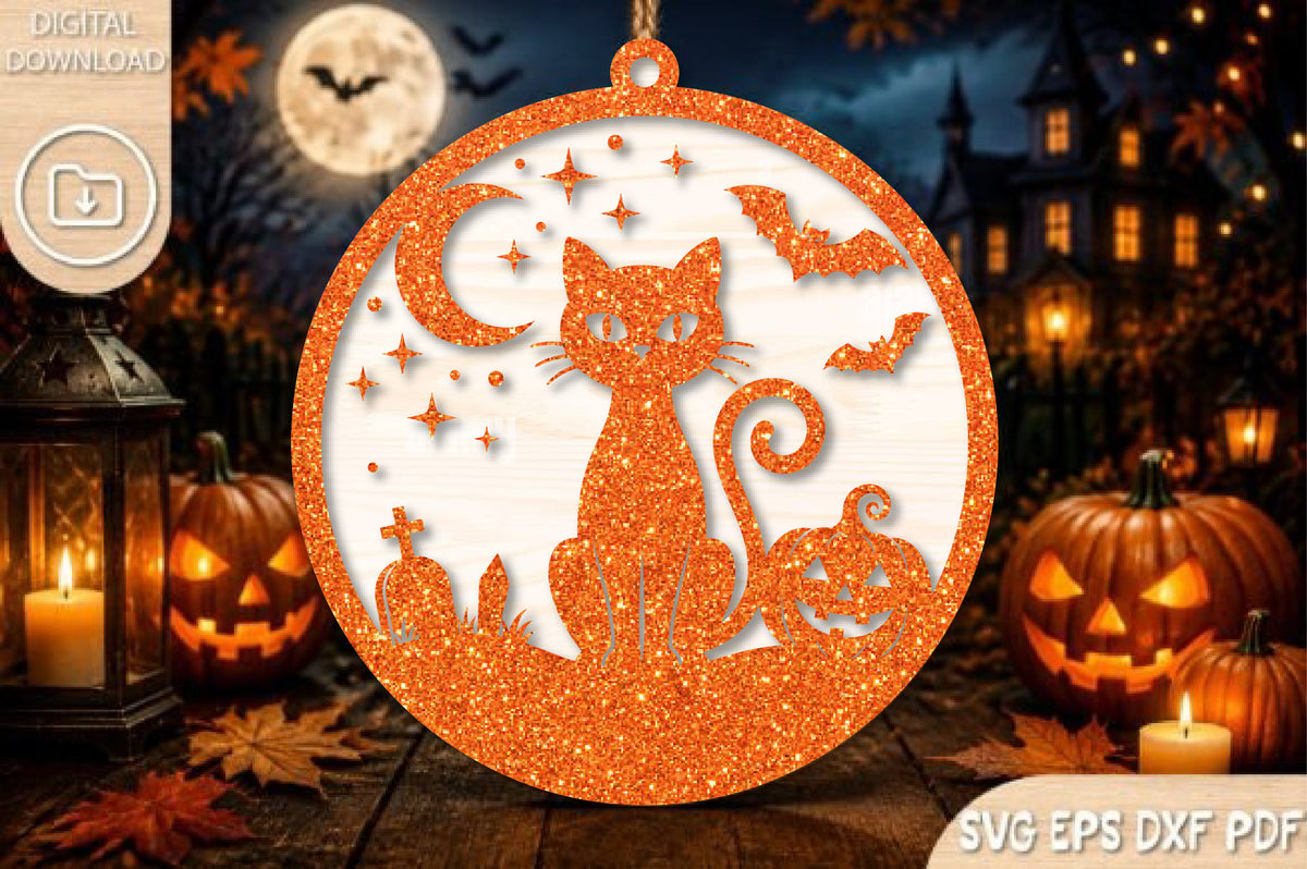 Spooky Black Cat Halloween Ornament SVG