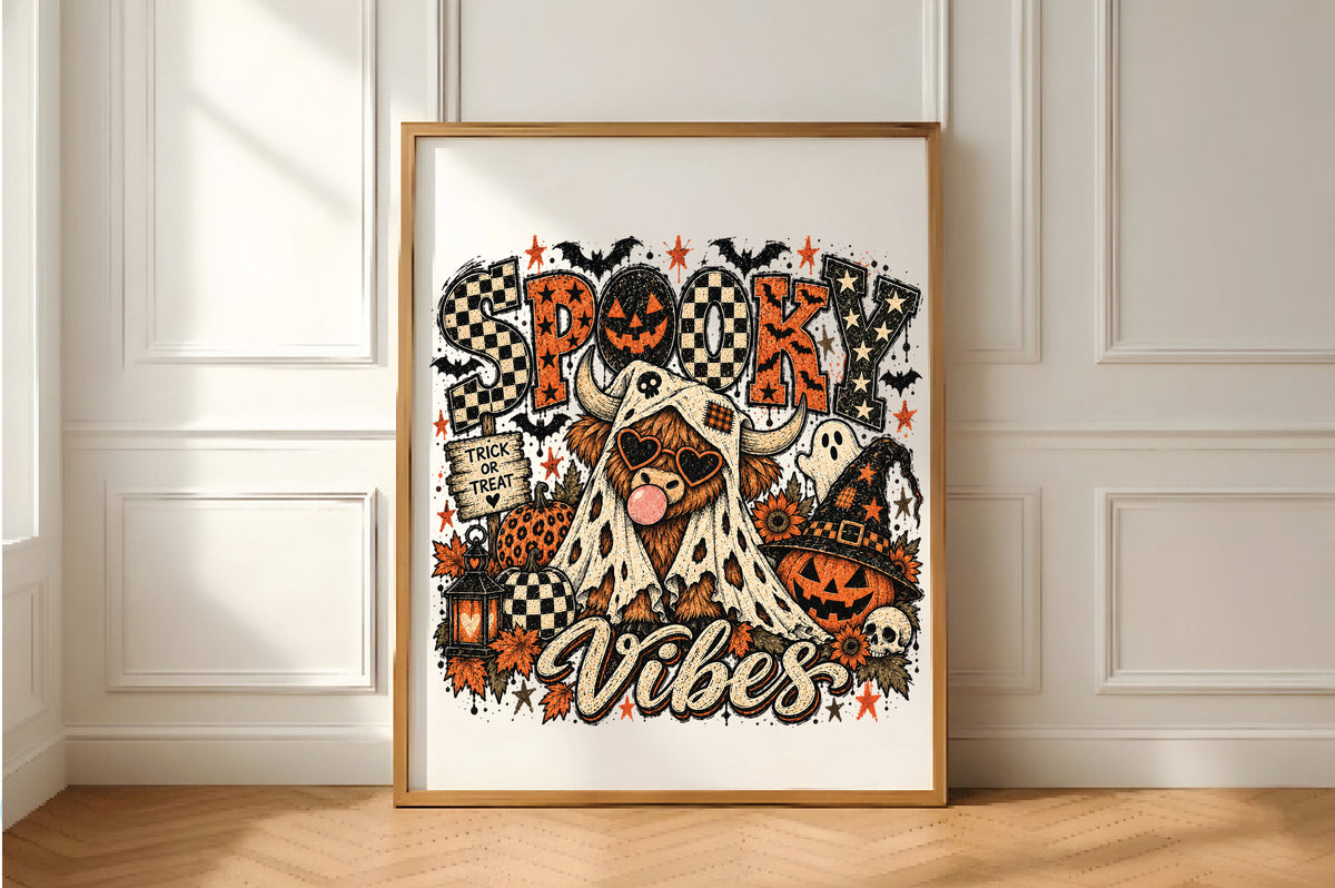 Spooky Halloween Vibes Highland Cow PNG