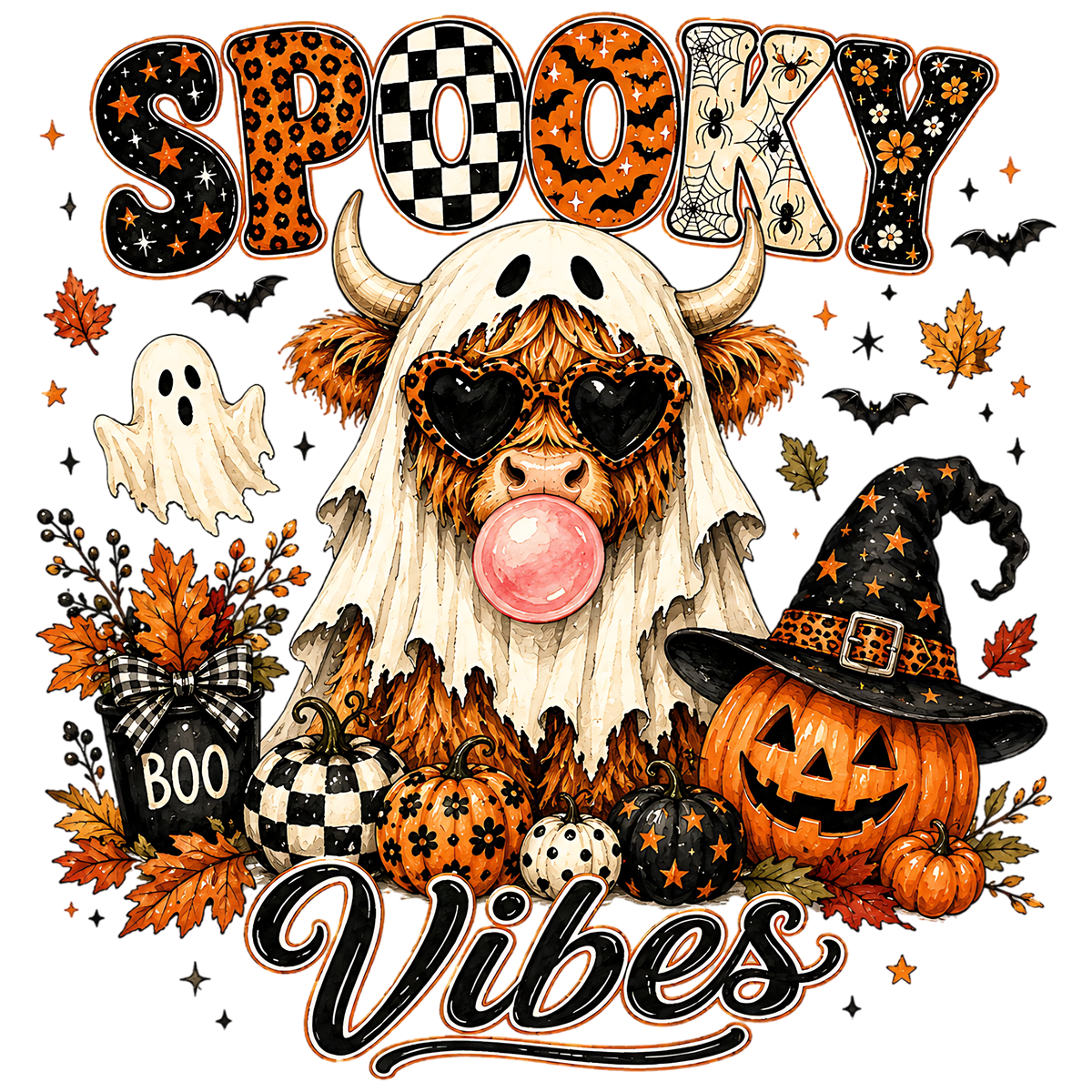 Spooky Vibes Highland Cow Halloween PNG