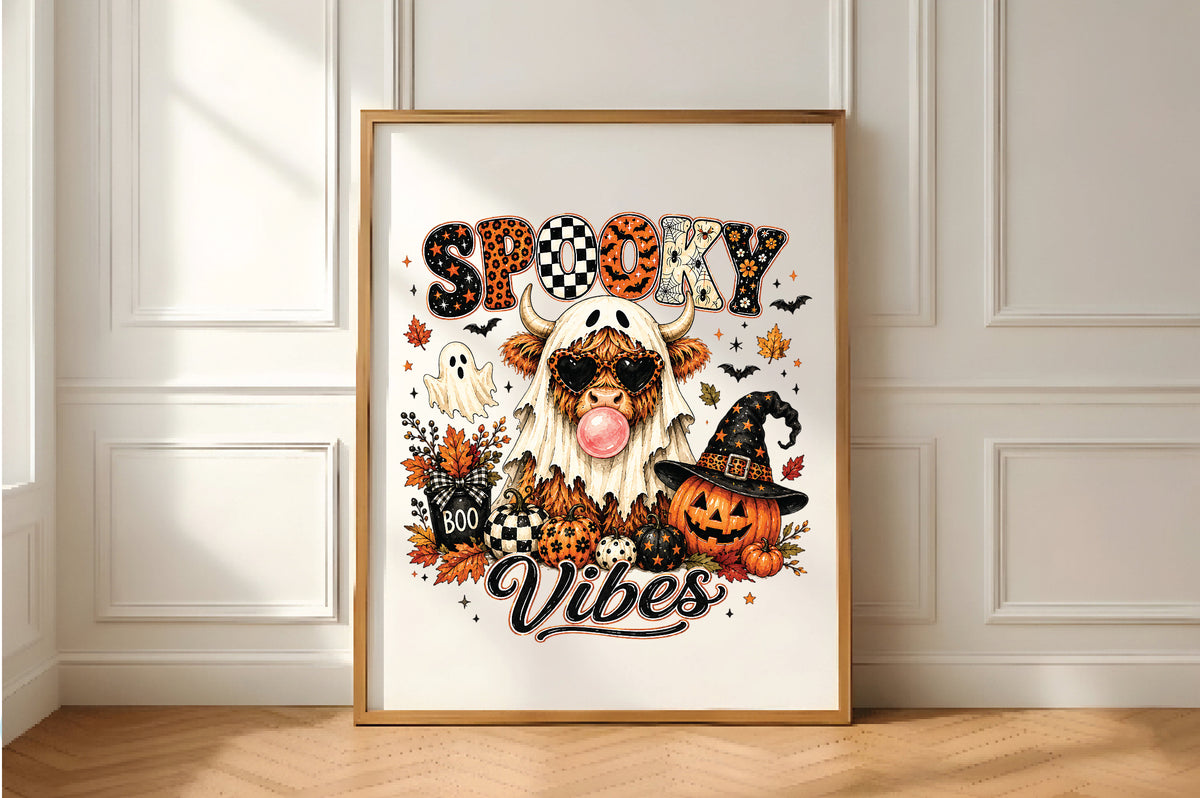 Spooky Vibes Highland Cow Halloween PNG