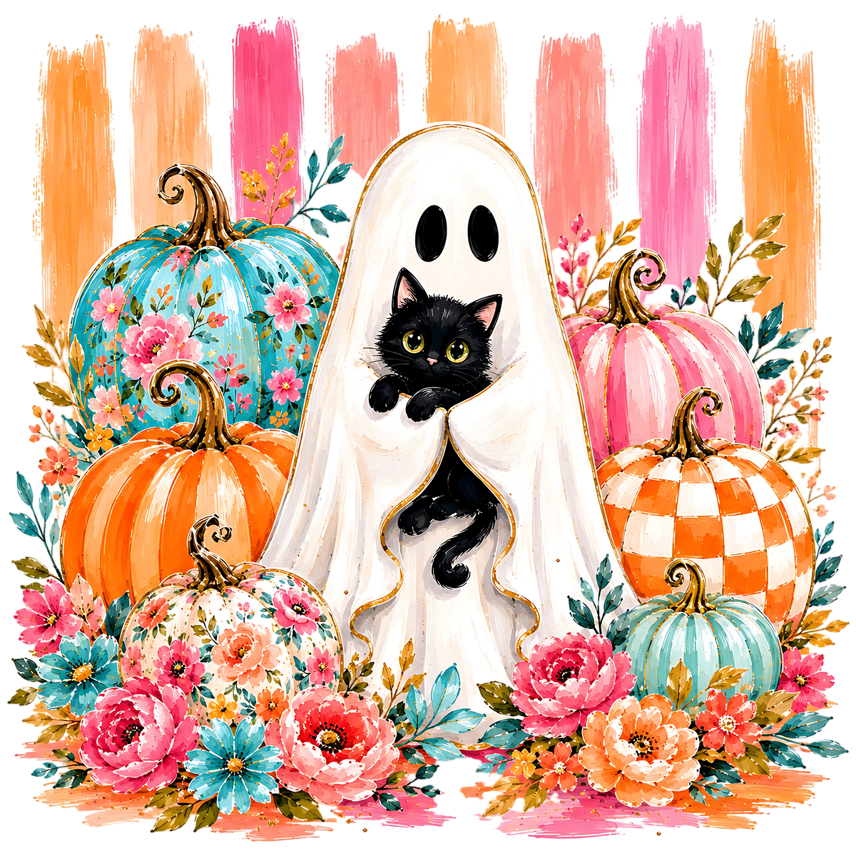 Floral Ghost & Pumpkins Halloween PNG