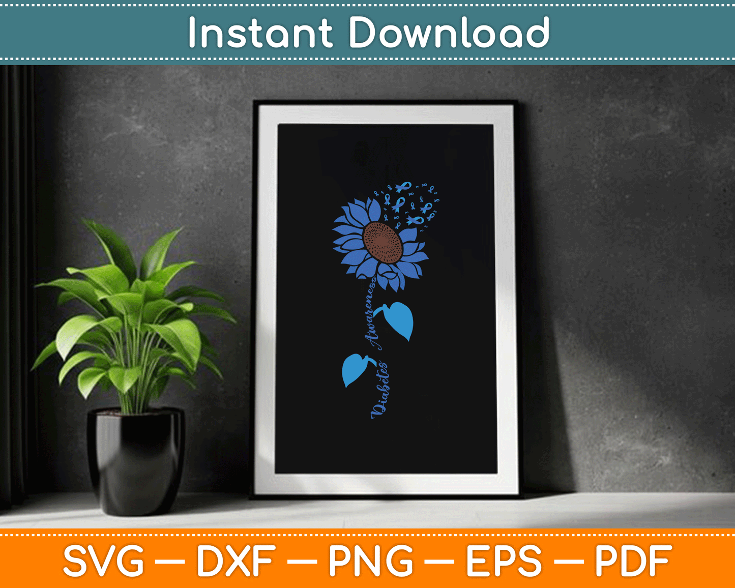 Sunflower Diabetes Awareness Support Blue Ribbon T1D SVG Digital Cutting File