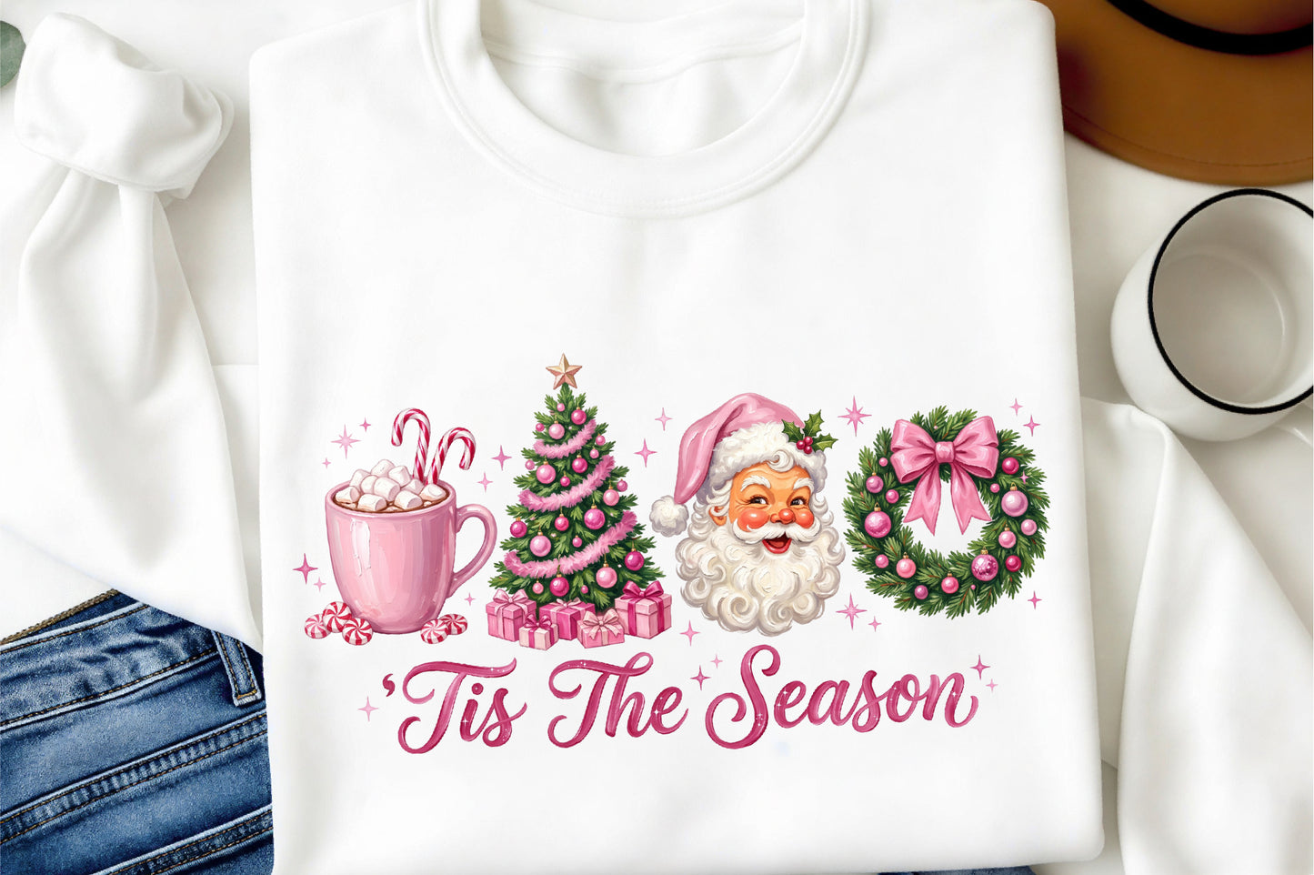 Pink Christmas Tis The Season PNG Santa Tree Wreath Hot Cocoa Holiday Clipart