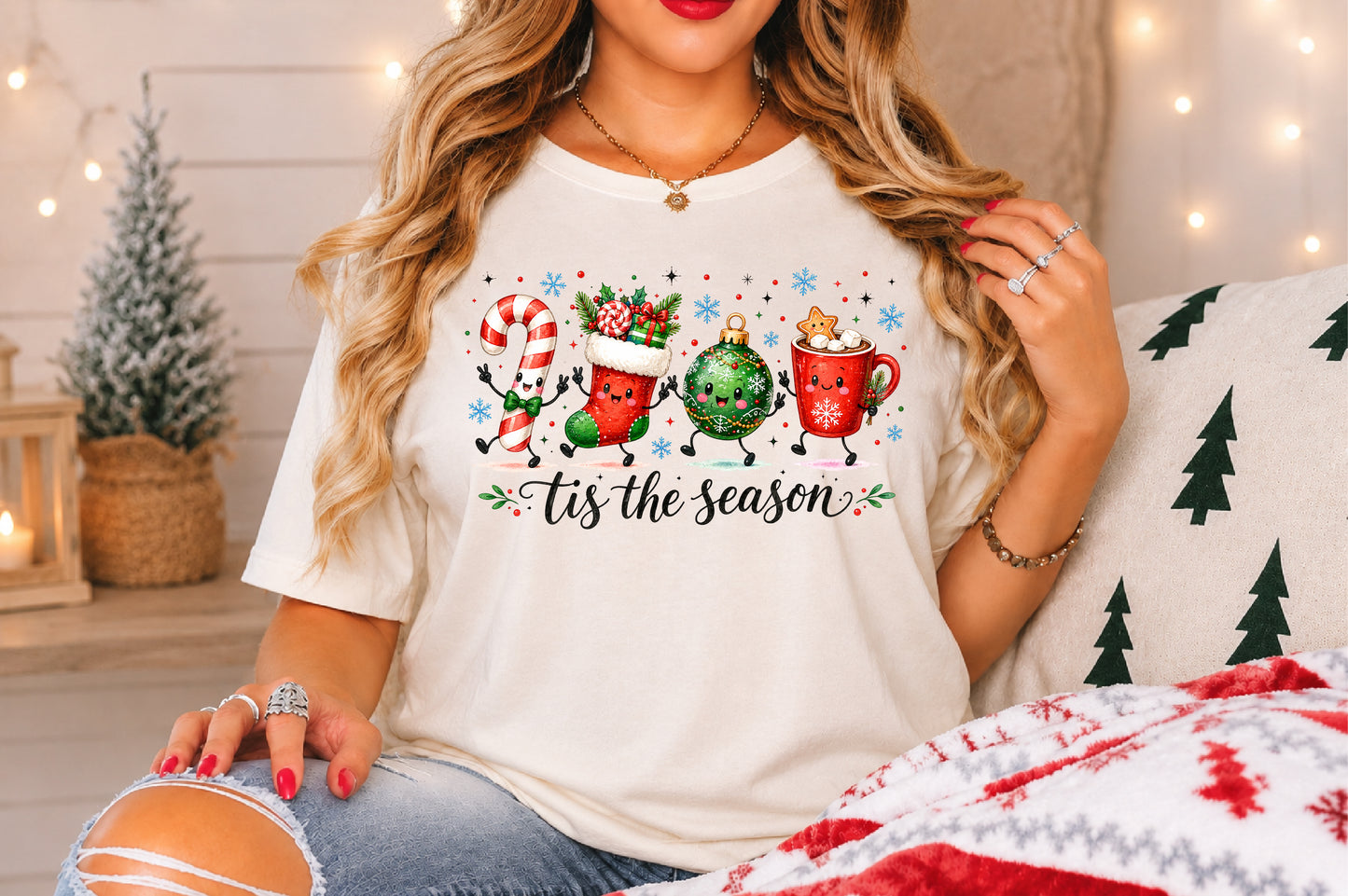 Tis The Season Christmas Doodle PNG Candy Cane Stocking Ornament Hot Cocoa Sublimation