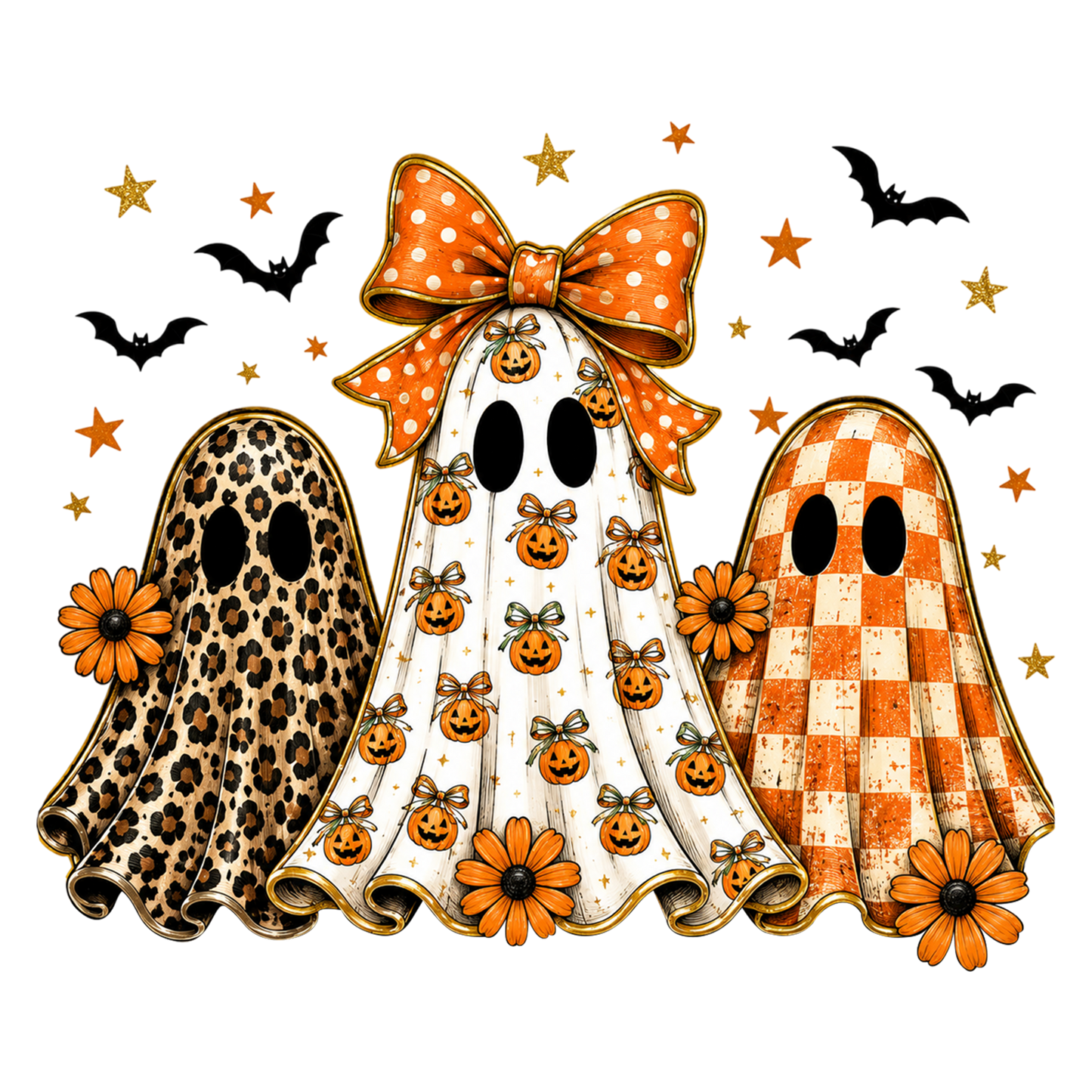 Leopard Checker Ghost PNG | Halloween Pumpkin Bow Ghost Clipart | Preppy Fall Spooky Sublimation Design