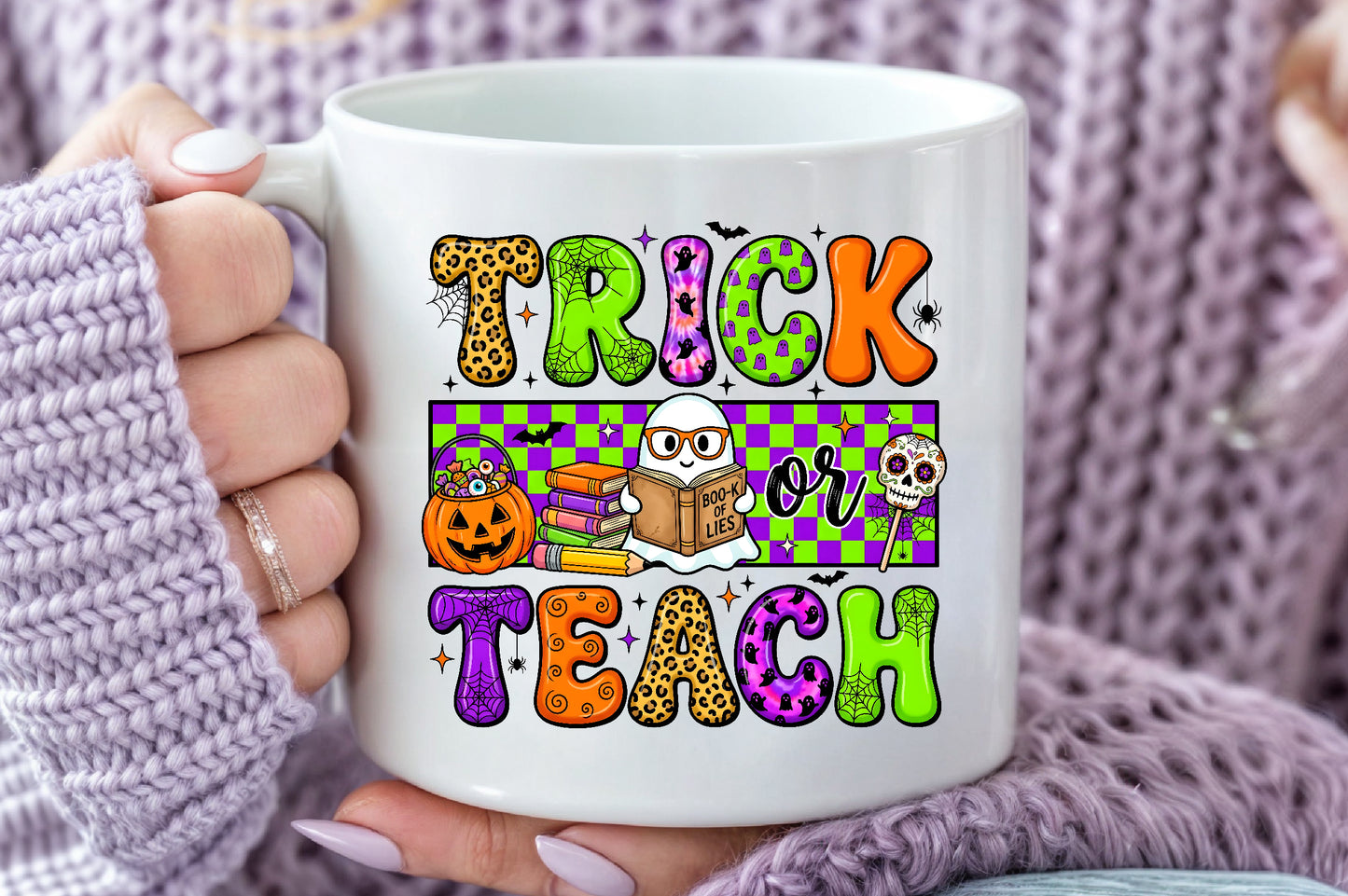Trick or Teach Halloween PNG Cute Teacher Ghost Spooky School Sublimation Design