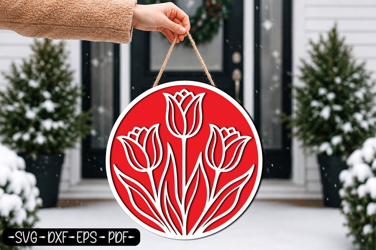 Tulip Round Door Hanger Laser Cut SVG | Floral Spring Door Sign
