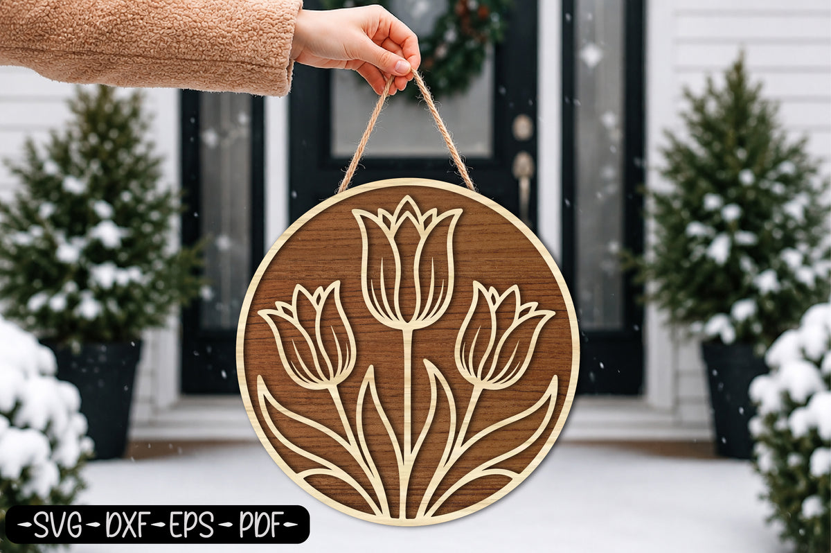 Tulip Round Layered Door Hanger SVG | Floral Laser Cut Door Sign