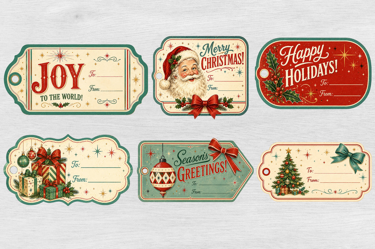 Vintage Christmas Gift Tags PNG Bundle | 6 Printable Holiday Tags
