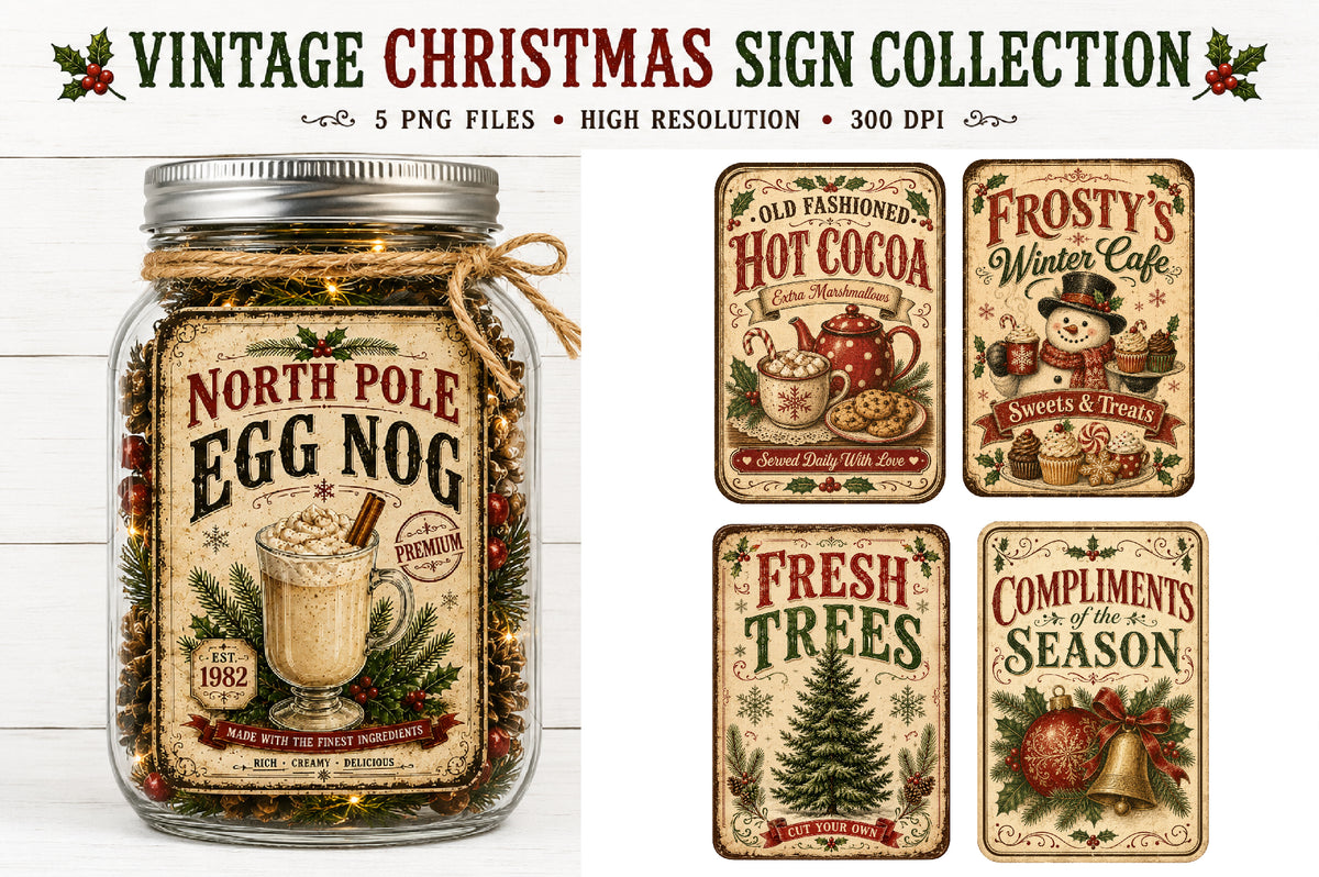 Vintage Christmas Signs PNG Collection Bundle