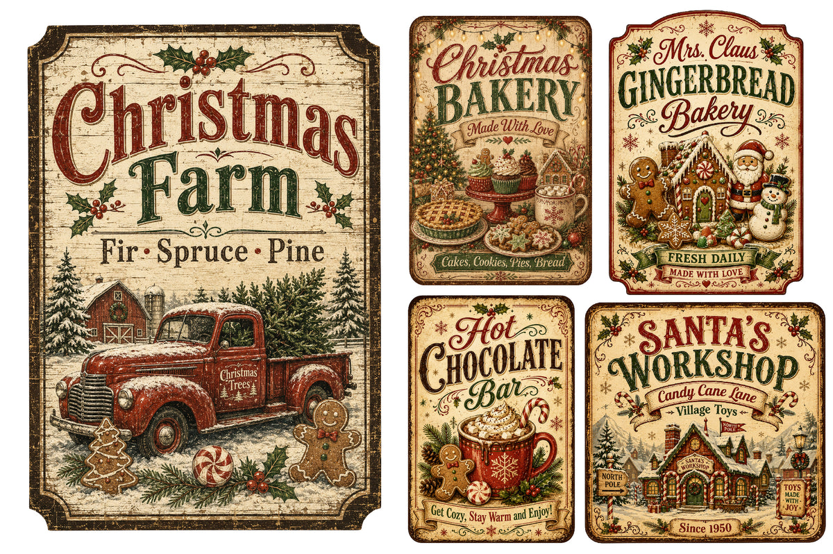 Vintage Christmas Signs PNG Bundle Sublimation