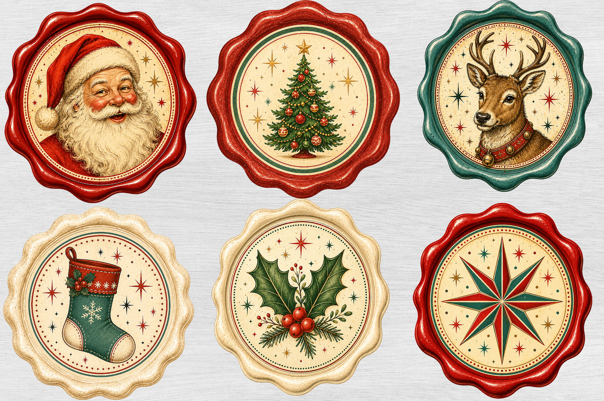 Vintage Christmas Wax Seal PNG Bundle | 6 Holiday Sticker Designs
