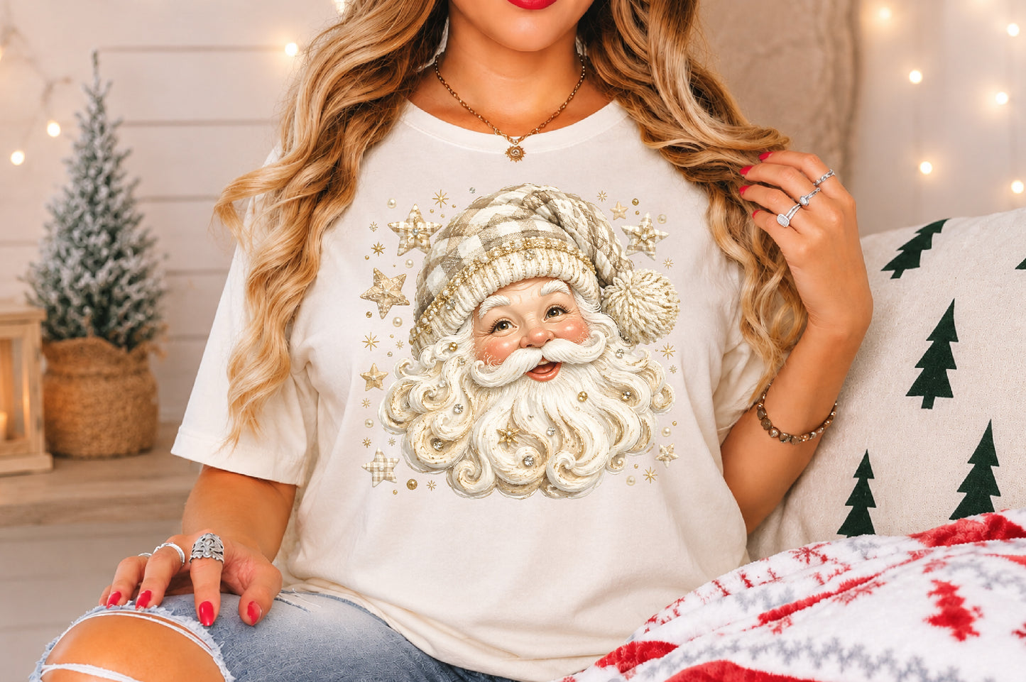 Vintage Cream Gold Santa Claus PNG Christmas Glitter Sublimation Design