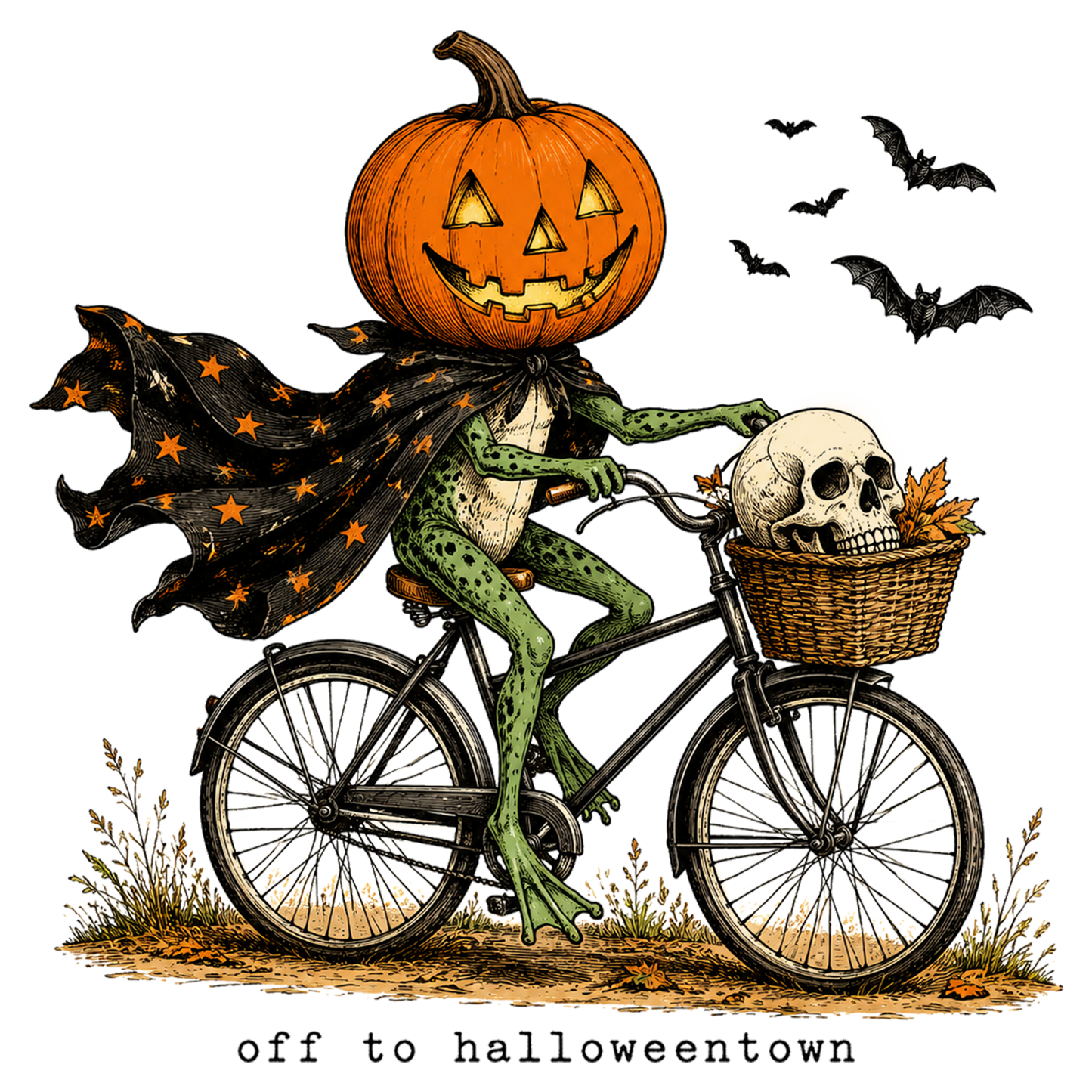Vintage Halloween Frog Pumpkin Head Bicycle Halloween PNG