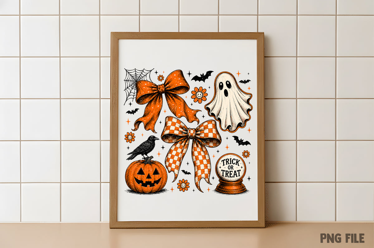 Vintage Halloween Ghost Coquette PNG | Orange Bow Pumpkin Witchy Clipart | Fall Spooky Sublimation Design