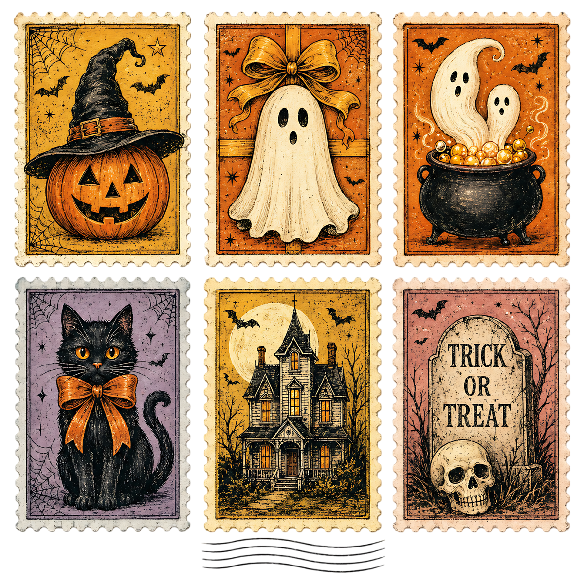 Vintage Halloween Postage Stamps PNG
