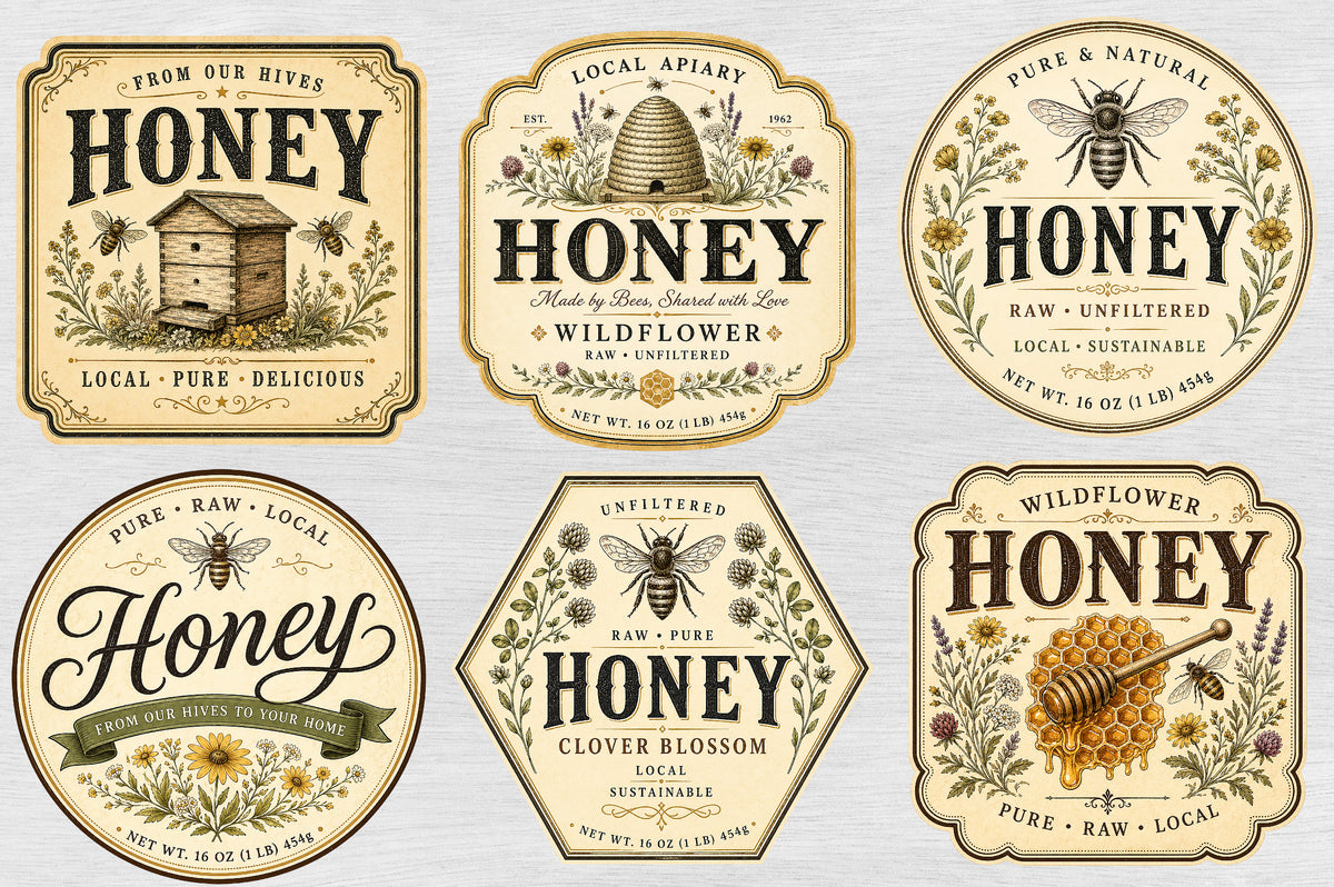 Vintage Honey Jar Label PNG Bundle, Honey Label Clipart