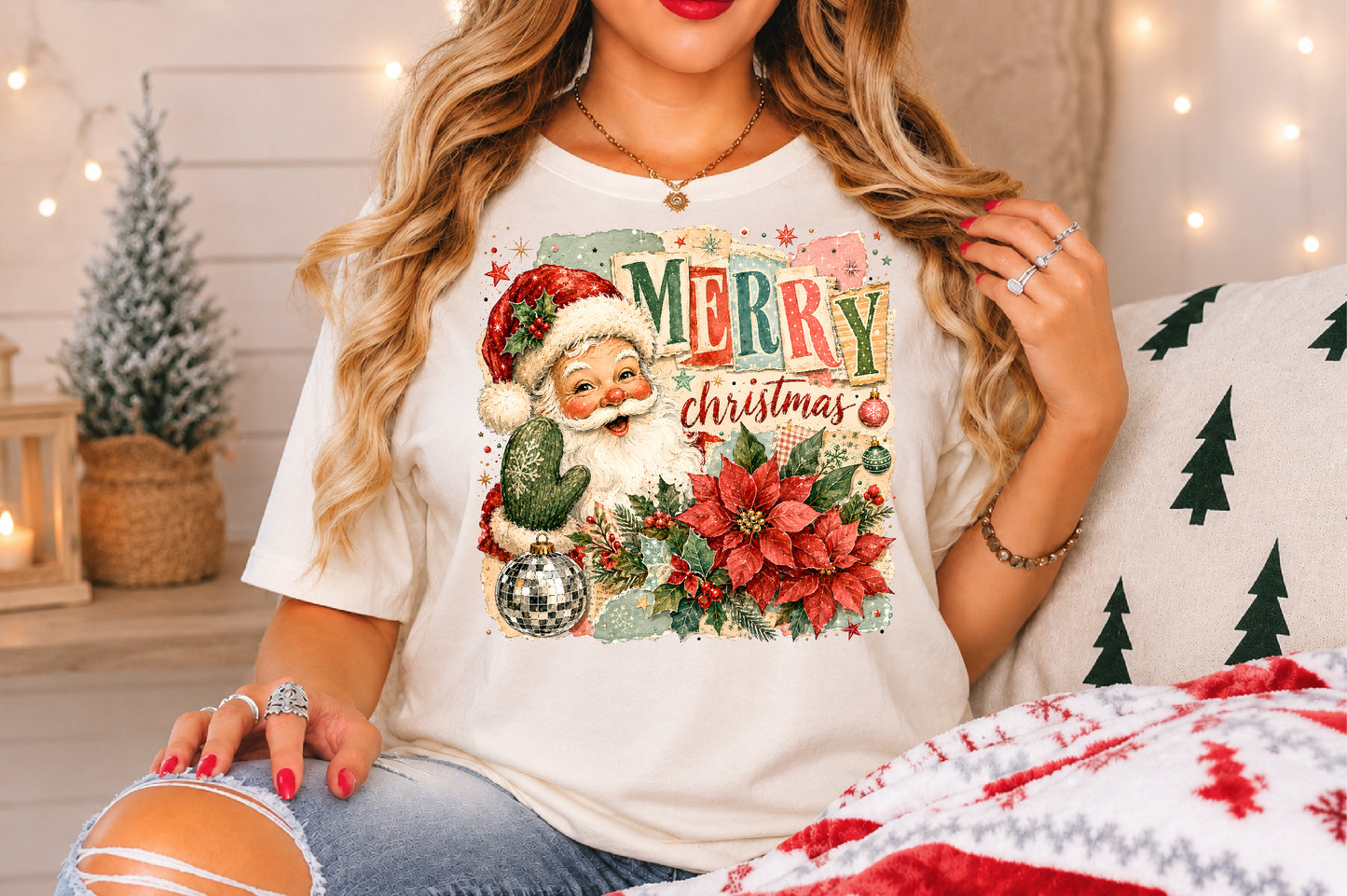 Vintage Merry Christmas Santa PNG Poinsettia Cactus Retro Sublimation