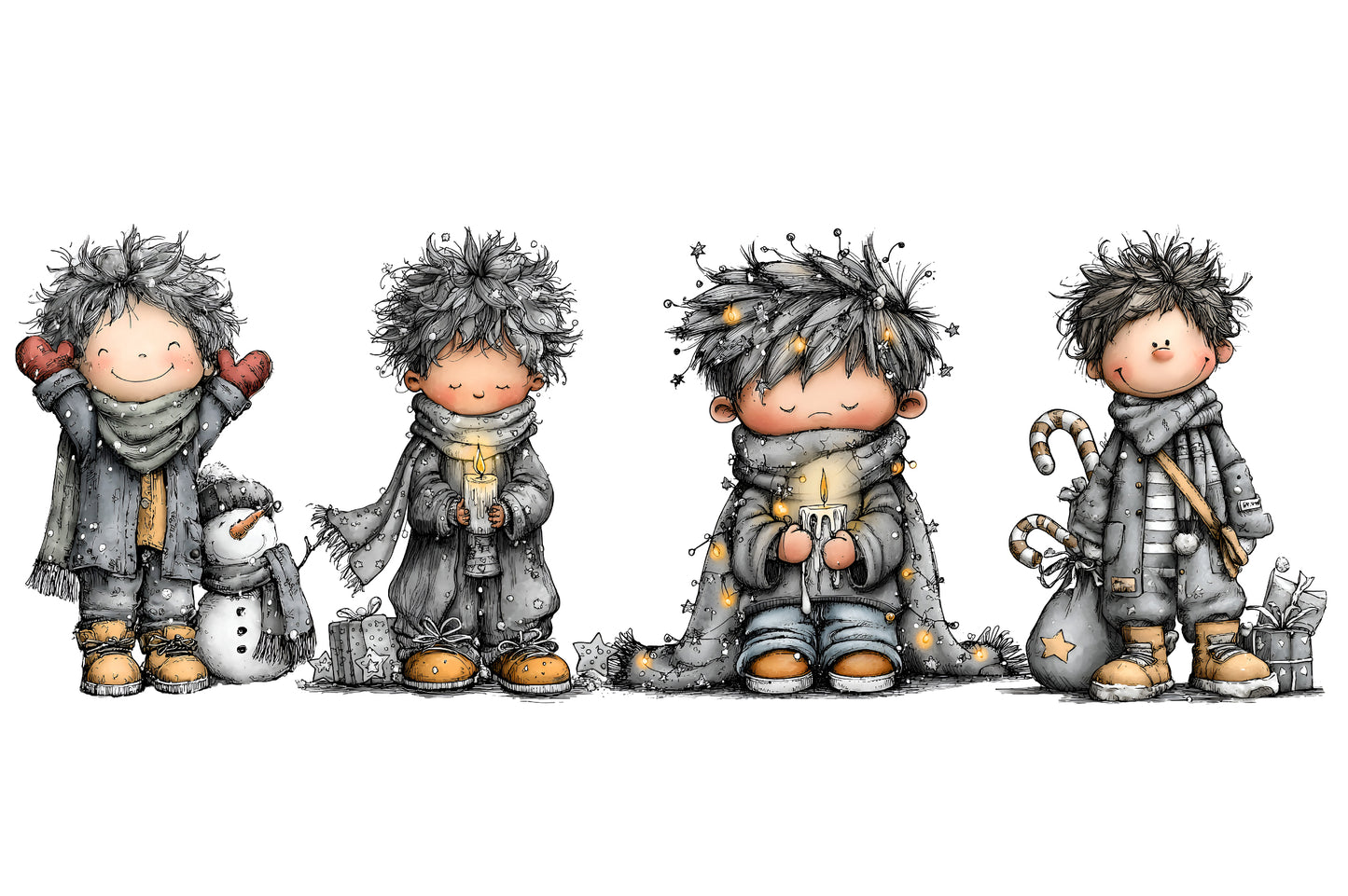 Whimsical Christmas Boy Clipart PNG Bundle