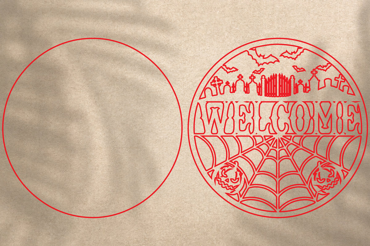 Welcome Halloween Sign Laser Cut SVG | Spider Web Pumpkin Haunted Cemetery SVG