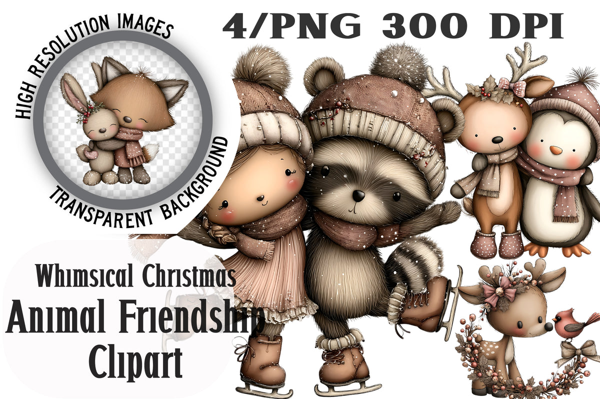 Whimsical Christmas Animal Friendship Clipart PNG