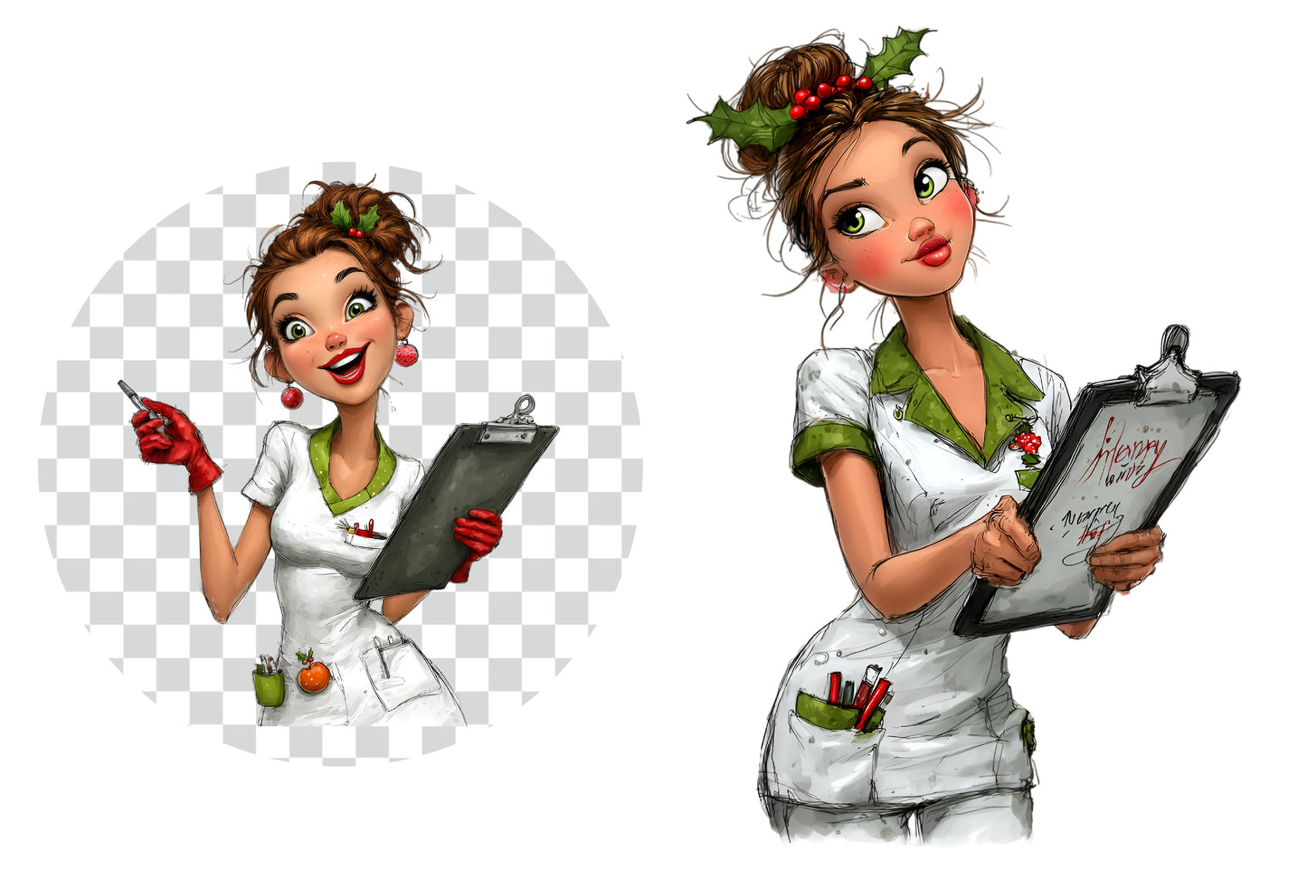 Whimsical Christmas Nurse Clipart PNG – 4 Designs