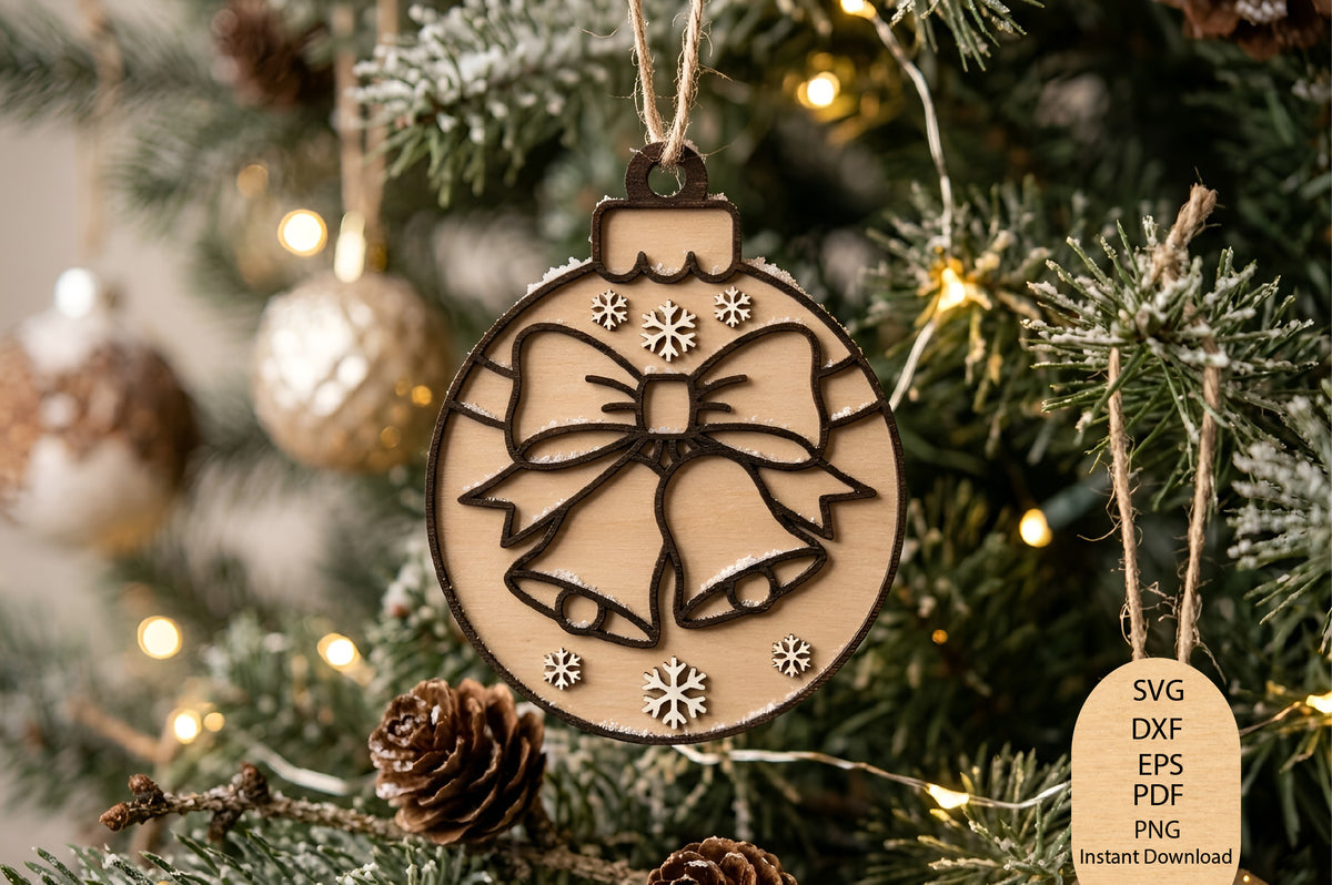 Christmas Bell Ornament Laser Cut SVG, Christmas Bells Ornament Cut File, Holiday Bell SVG, Winter Ornament Design