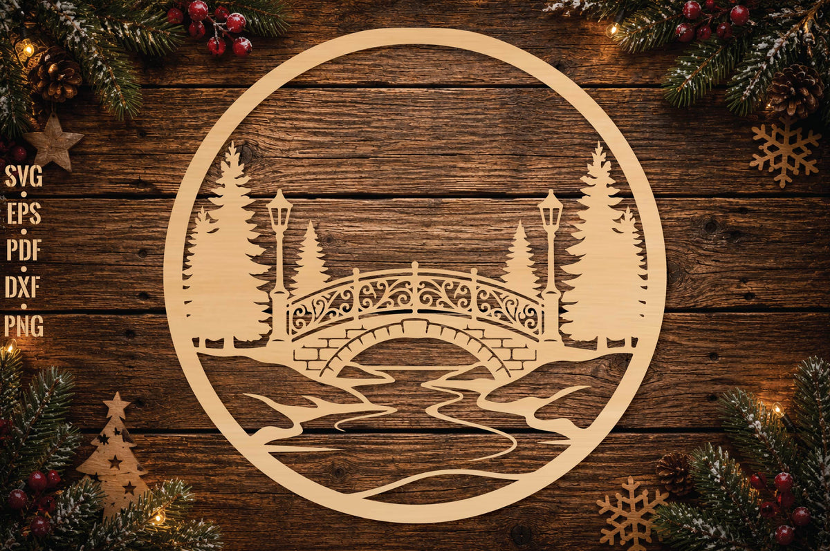 Winter Bridge Christmas Ornament Laser Cut SVG, Snowy Bridge Ornament Cut File, Winter Wonderland Decor