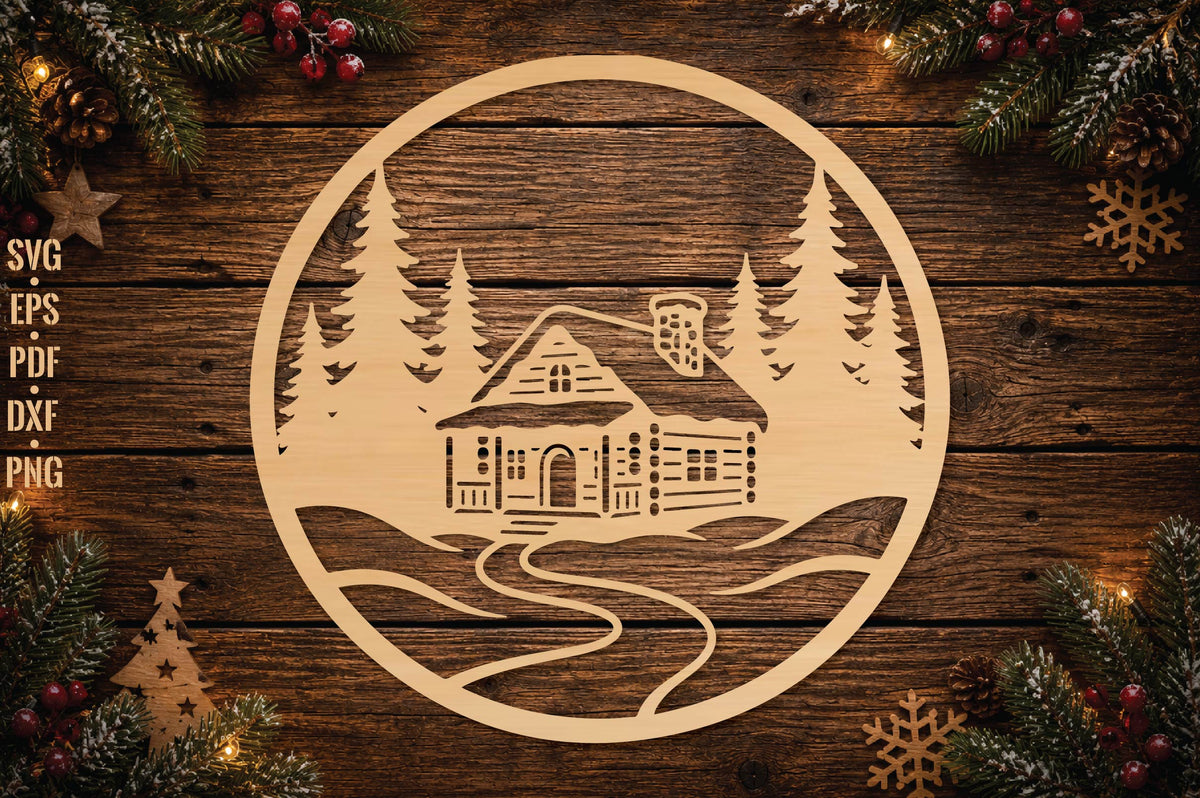 Winter Cabin Christmas Ornament Laser Cut SVG, Log Cabin Ornament Cut File, Winter Woodland Decor