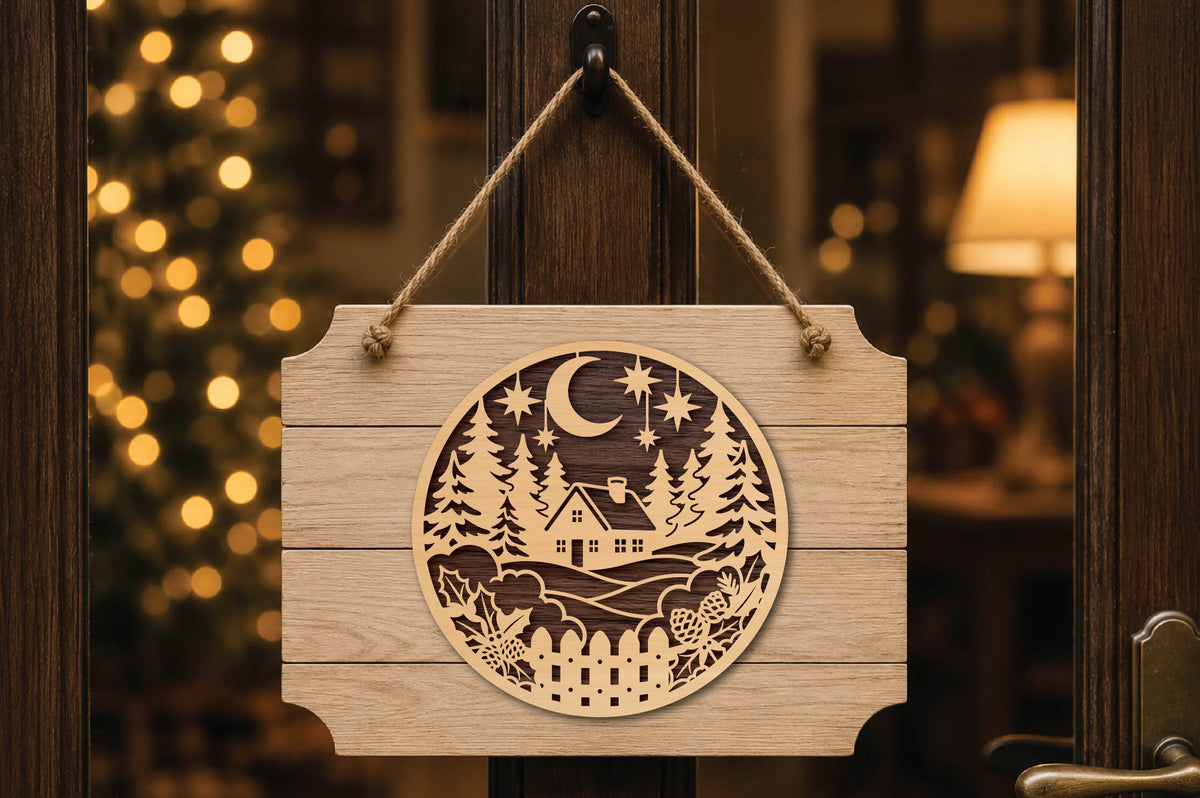 Winter Cottage Christmas Laser Cut SVG, Cozy Cabin Snowy Forest Round Ornament Cut File