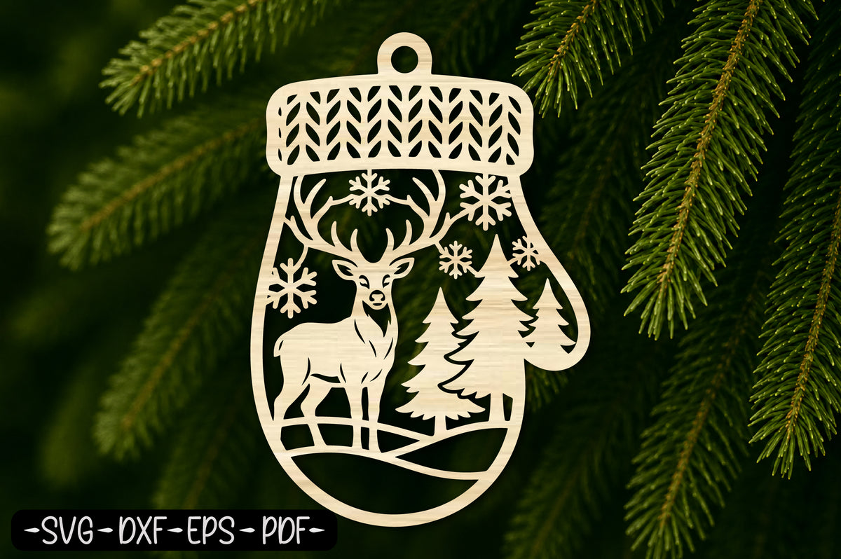 Winter Mitten Deer Ornament Laser Cut SVG, Reindeer Christmas Ornament Cut File, Winter Deer Scene SVG
