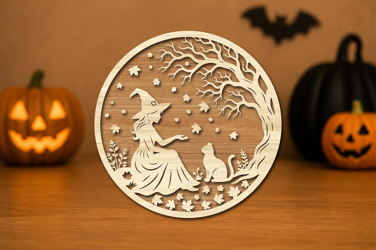 Halloween Witch and Cat Round Sign SVG