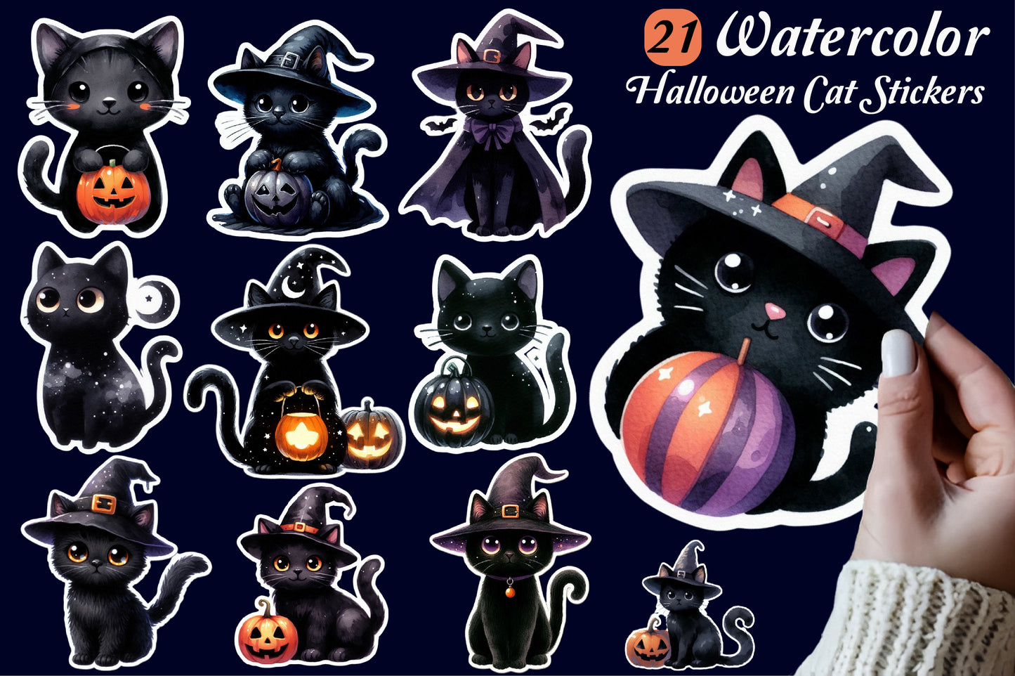 Halloween Cat Stickers PNG Bundle | Watercolor Black Cat Witch Pumpkin Halloween Clipart, Cute Spooky Cat Stickers