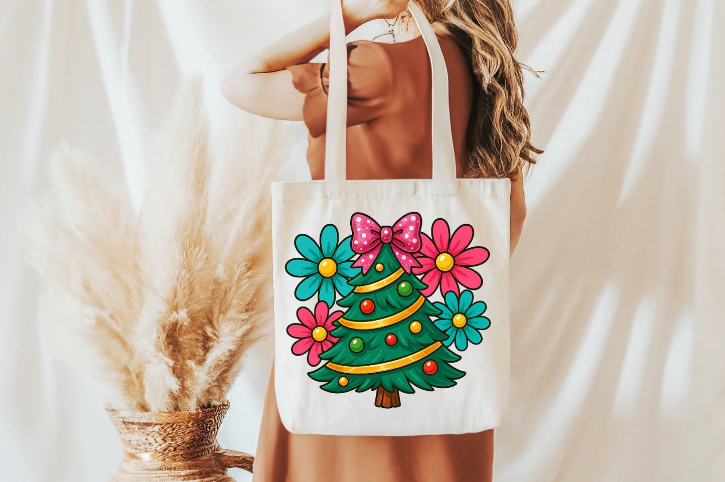 Cute Christmas Tree PNG Floral Bow Holiday Sublimation Design