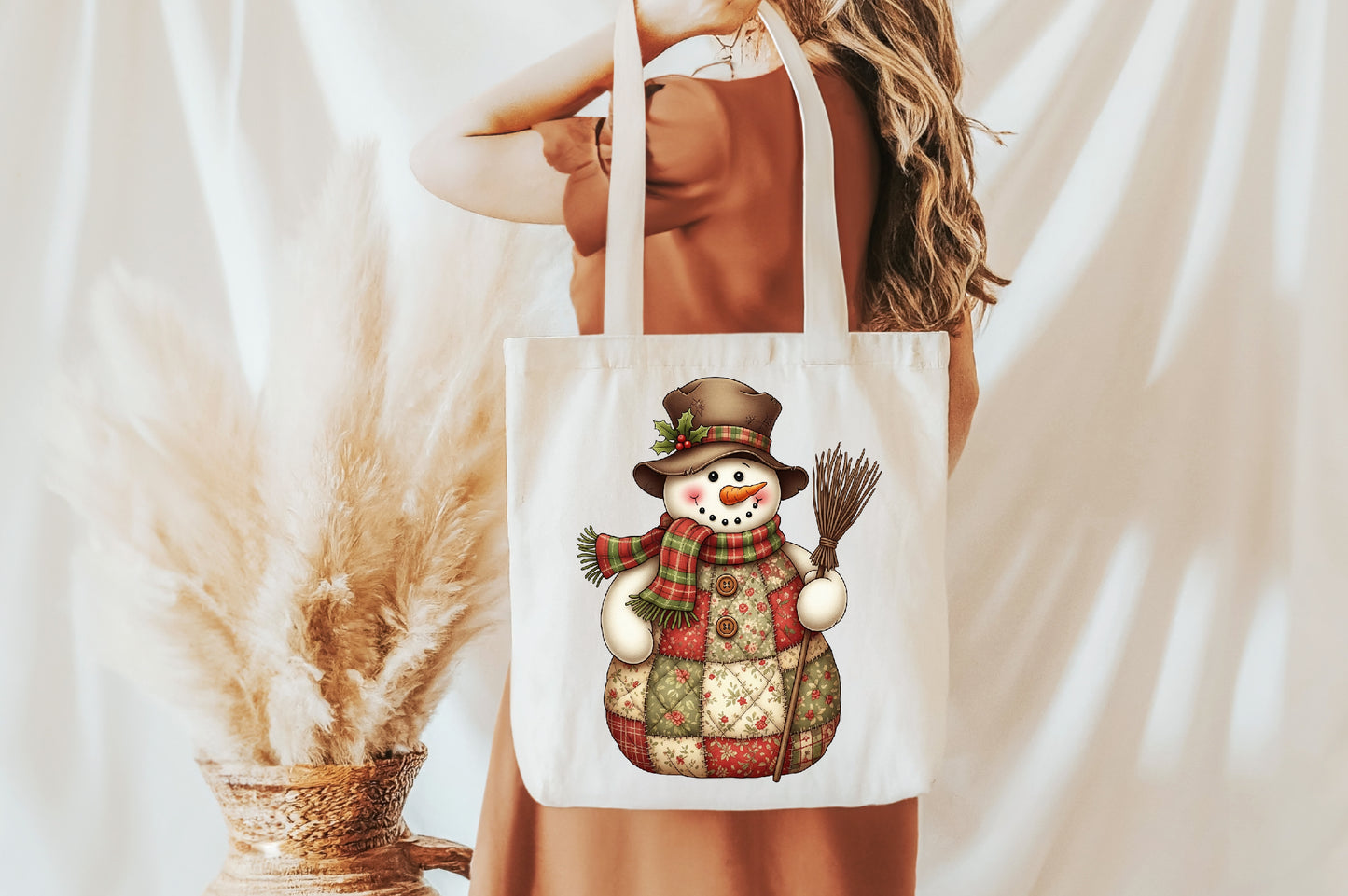 Vintage Patchwork Snowman Christmas Broom PNG