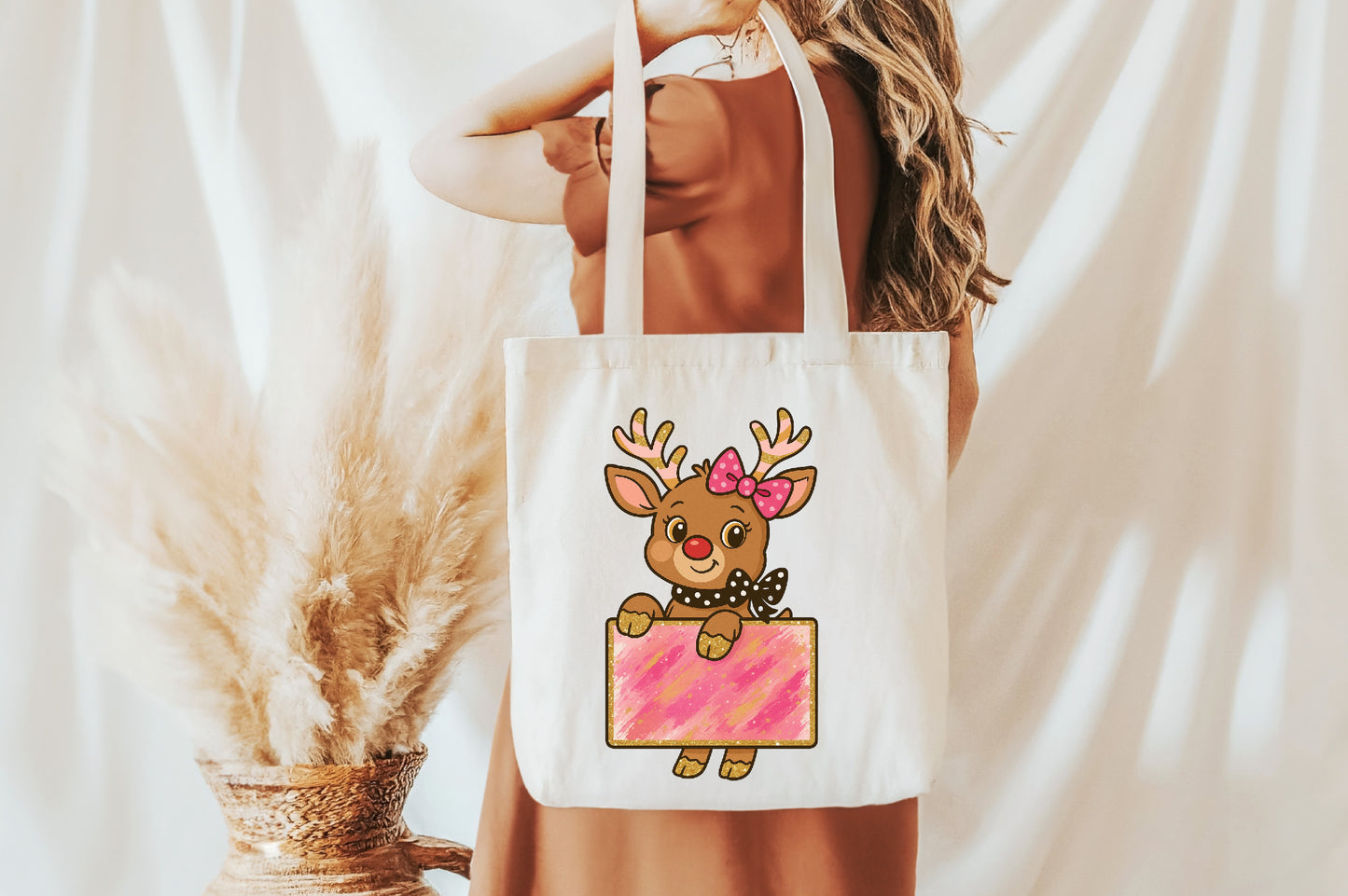 Cute Christmas Reindeer PNG Pink Bow Holiday Gift Design