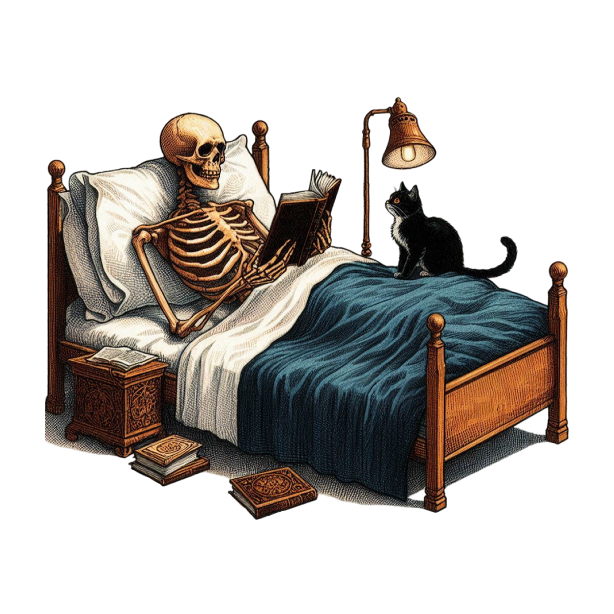 Halloween Skeleton Reading PNG Funny Skeleton with Black Cat Clipart