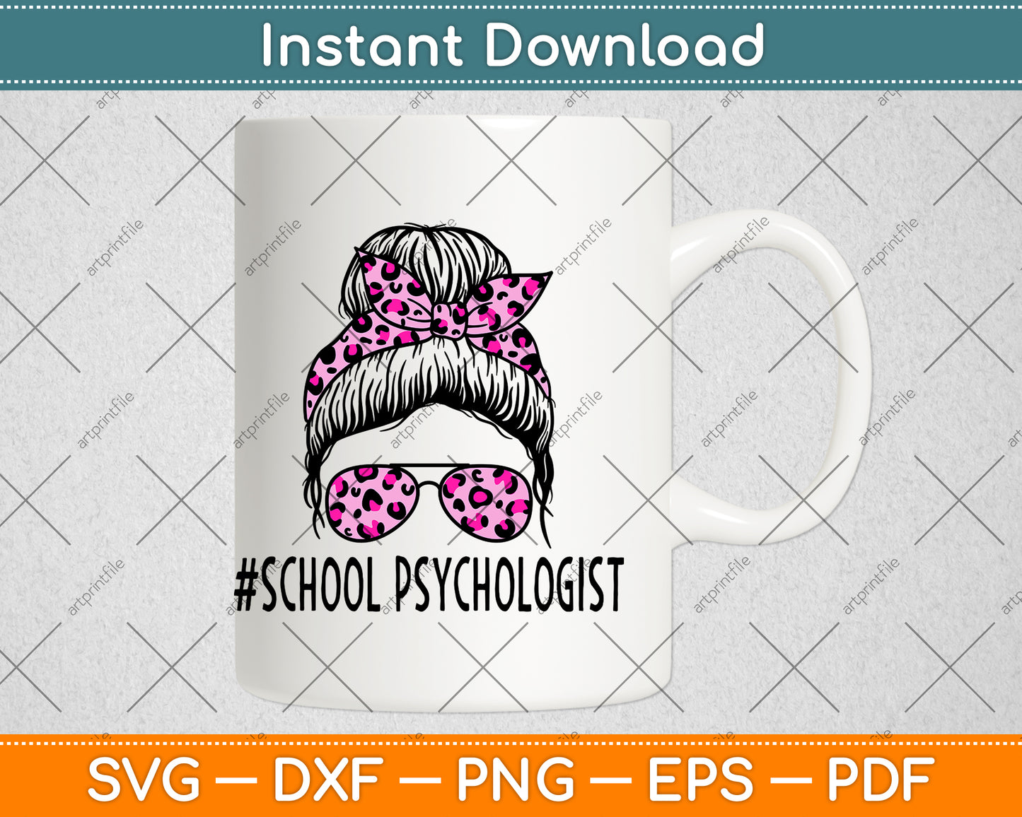 School Psychologist Leopard Messy Bun Svg Png Dxf Digital Cutting File