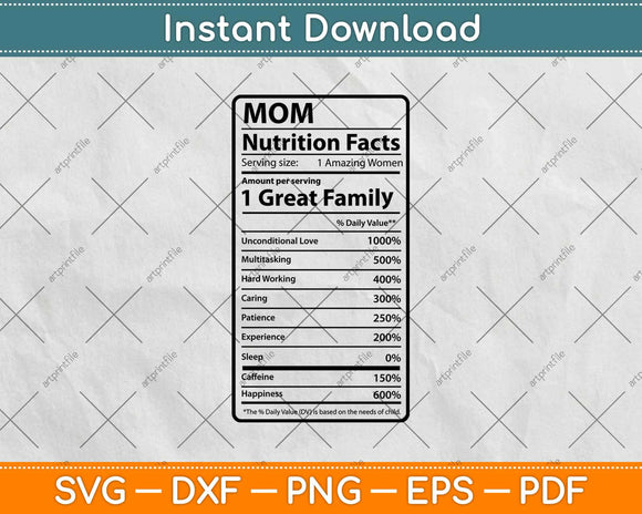 Mom Nutrition Facts Nutritional Label Svg Design Cricut Printable Cutting Files